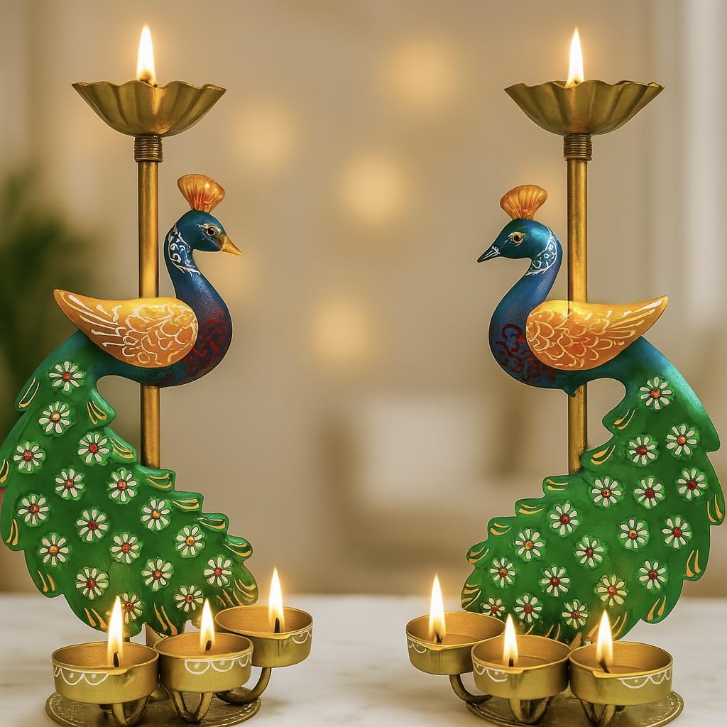 pranjals house Tea Light Candle Holder for Home Decorative Peacock Showpiece Metal Figurine Candle Diya Burner Slots for Mandir, Pooja Room, Living Room| Set of 2 | (Size-14x4x4 Inches)-image-7