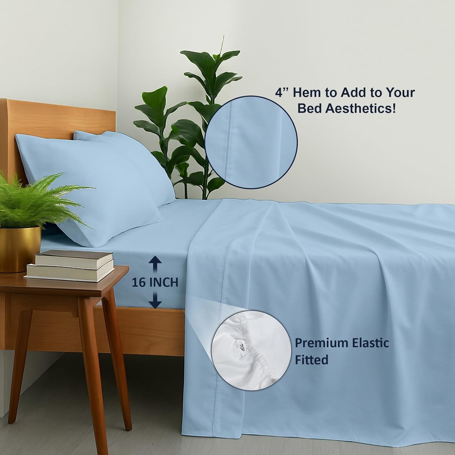 Cottinton Lane 4 Piece Short Queen Size Sheet Set, Premium 100% Cotton Bed Sheets Sets, 16 Inch Deep Pocket with Elastic All Around, Soft & Luxurious Hotel Quality Sheets, Light Blue Solid