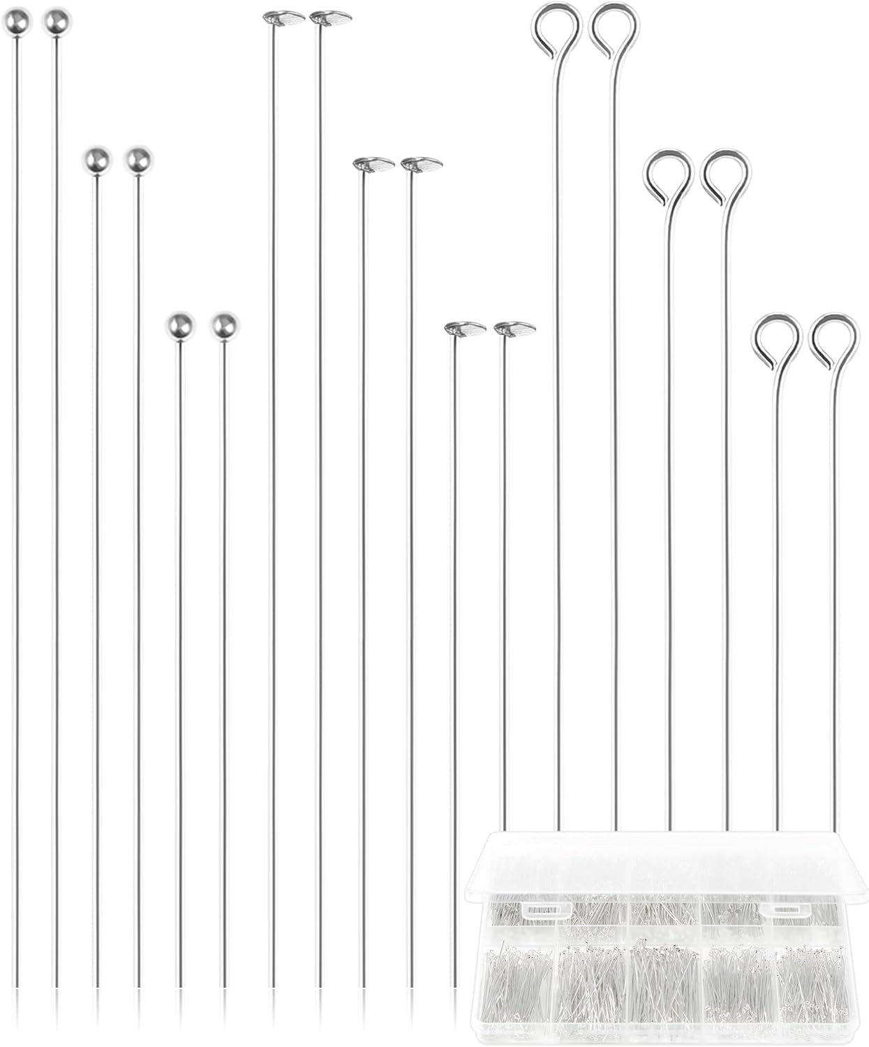 FIVEIZERO 900 PCS Eye Pins and Flat Head Pins for Jewelry Making, Metal Eyepins, Headpins & Ball Head Pins for DIY Earrings, Necklaces, Bracelets, Pendants, 1.2", 1.6", 2",Silver