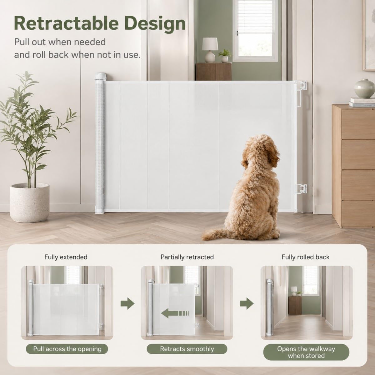 Cancello Retrattile per Animali Domestici, Rete in PVC con Blocco | Doppio Blocco per Controllare Estensione e Rientro, Rete Morbida per Limitare(250W x 140H cm(98.43"W x 55.12"H))