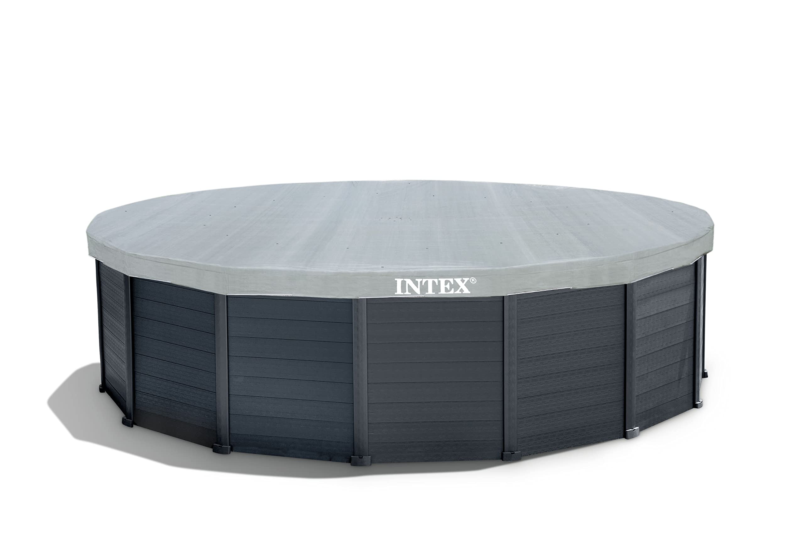 Intex Frame Pool Set Graphit Ø 478 x 124 cm, Pool, Sandfilter, Abdeckplane, Bodenschutzplane, Sicherheitsleiter, GS, 26384GS, Grau