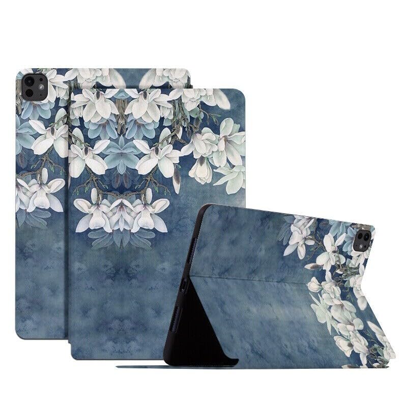 Housse iPad Air 13 M3 2025 fleur bleue anti-rayure avec socle de visionnage