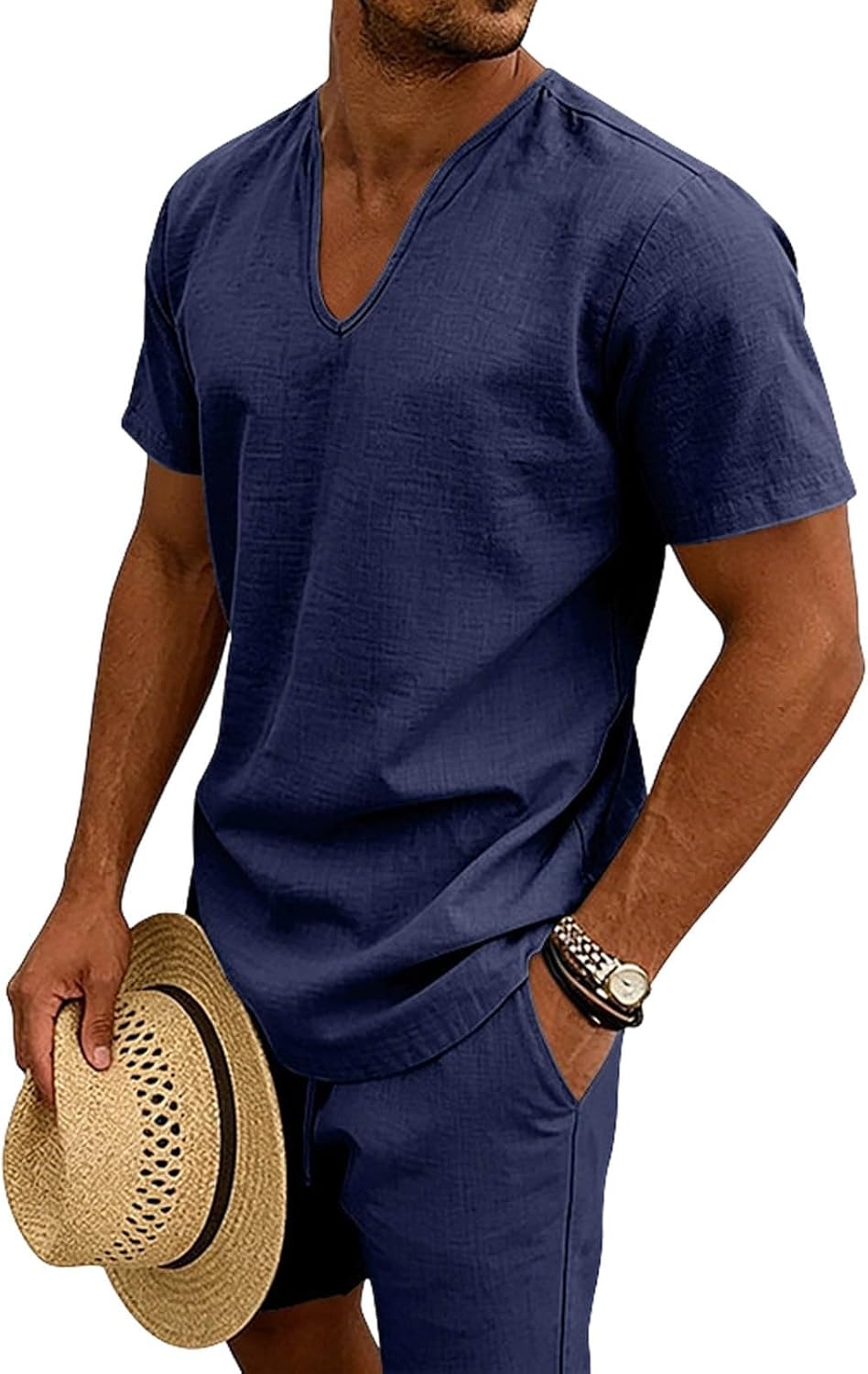 Cambkatl Men's Summer Linen 2 Piece Outfits Loose V Neck Short Sleeve T-Shirt with Shorts Vacation Beach Sets with Pockets