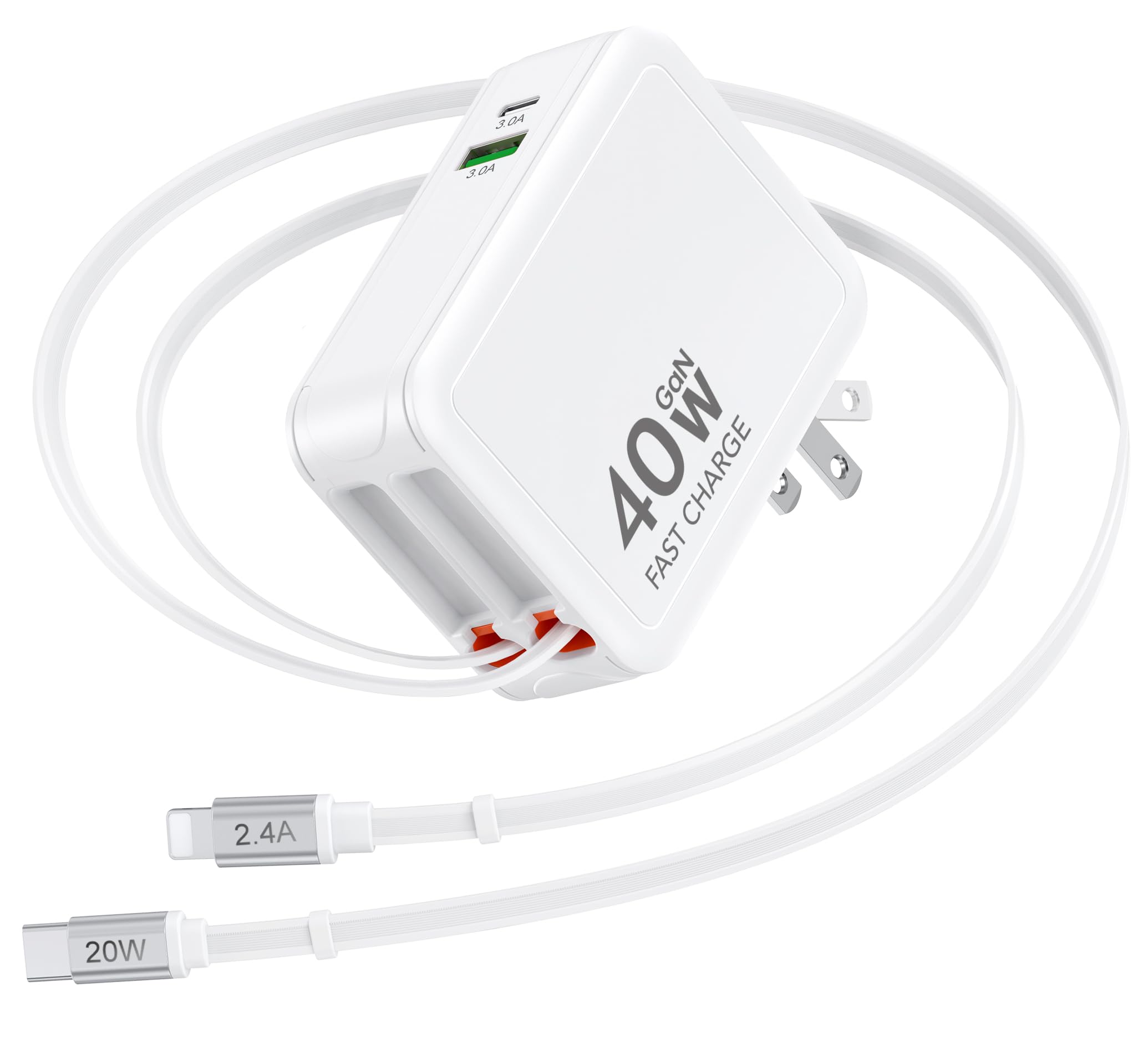 Cargador de teléfono retráctil 4 en 1 con doble puerto USB, cargador de pared retráctil de 2 pies con cables duales, cargadores USB C de 50 W que bloquean la carga rápida para iPhone 17 Pro/16/15/14