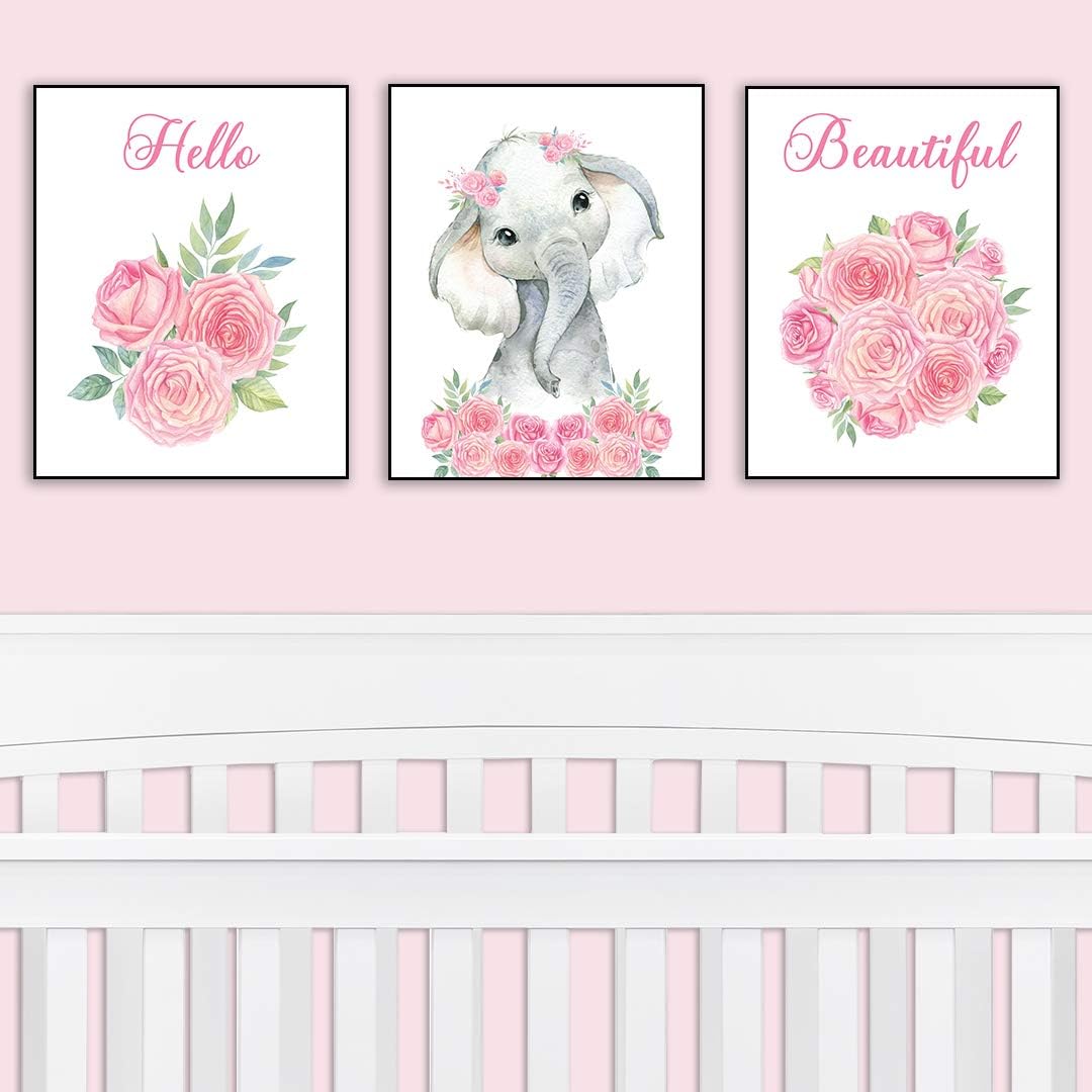 Nursery Decor - Safari Elephant Bedroom Wall Art Decor for Nursery | Decorative & Easy to Frame Printed Pictures 8x10-inch | 3 - (UNFRAMED) Prints | Sweet Elephant Baby Girl Nursery or Girl's Bedroom