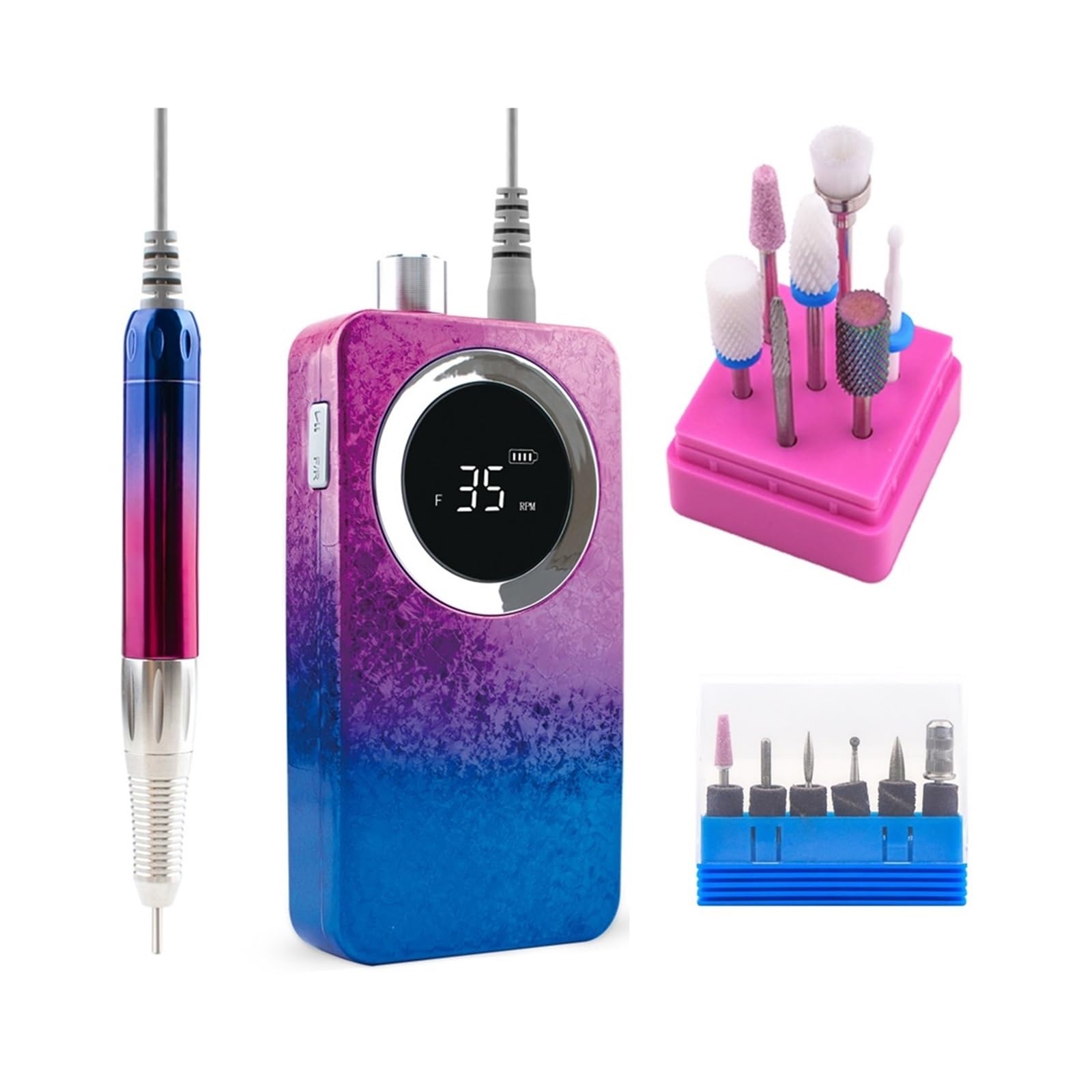 Lima Electrica Uñas, Taladro de uñas inalámbrico portátil con mango sin escobillas, manicura recargable 35000RPM, taladro lima eléctrico Pro(Blue Set)