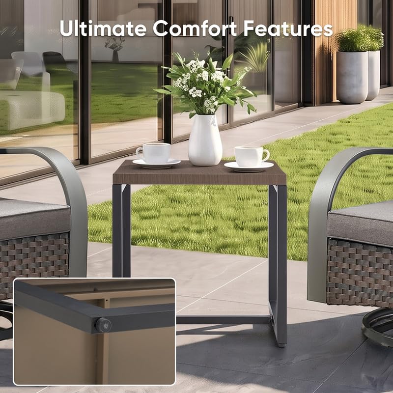 Image of 3 Piece Outdoor Patio Wicker Swivel Rocker Chairs with Table, Grey Cushion | Metal Wide Armrest, Wicker Outdoor Furniture Set, Water-Resistant, Fade-Resistant, Removable Cover, Stain-Resistant