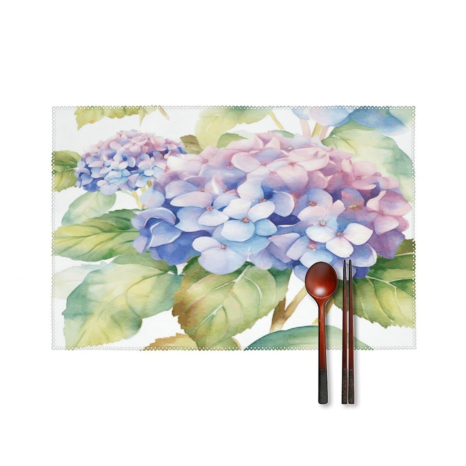 Hydrangea Watercolor Placemats Set of 6 Non-Slip Stain Resistant Indoor Outdoor Table Mat Washable Cloth Place Mat Fashion Kitchen Placemat for Dining Table Decoration 17.7x11.8 in
