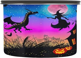 Qilmy Halloween Castle Air-Less Vacuum Coffee Storage Container-Airtight Stainless Steel Food Canister with Lid for Beans, Ground Coffee, Tea, Dry Goods, 17oz Kitchen Organizer Jar