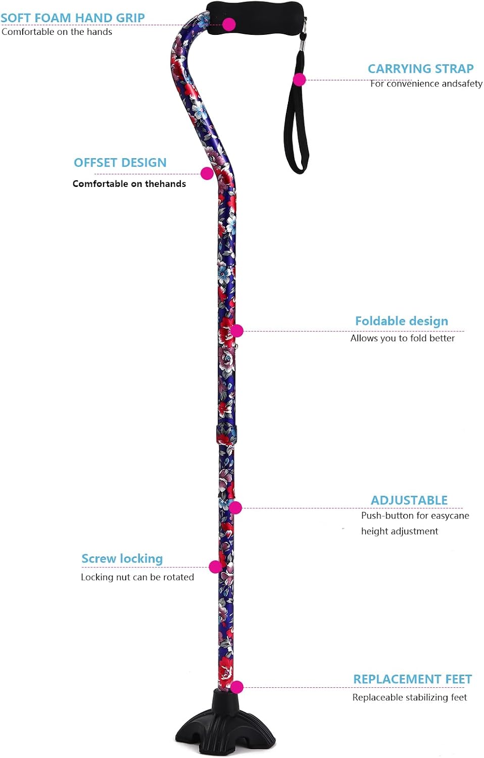 Elegant Walking Cane for Women, Foldable & Adjustable Cane for Seniors with Self-Standing Tip | Lightweight Mobility Aid for Stability & Balance Support