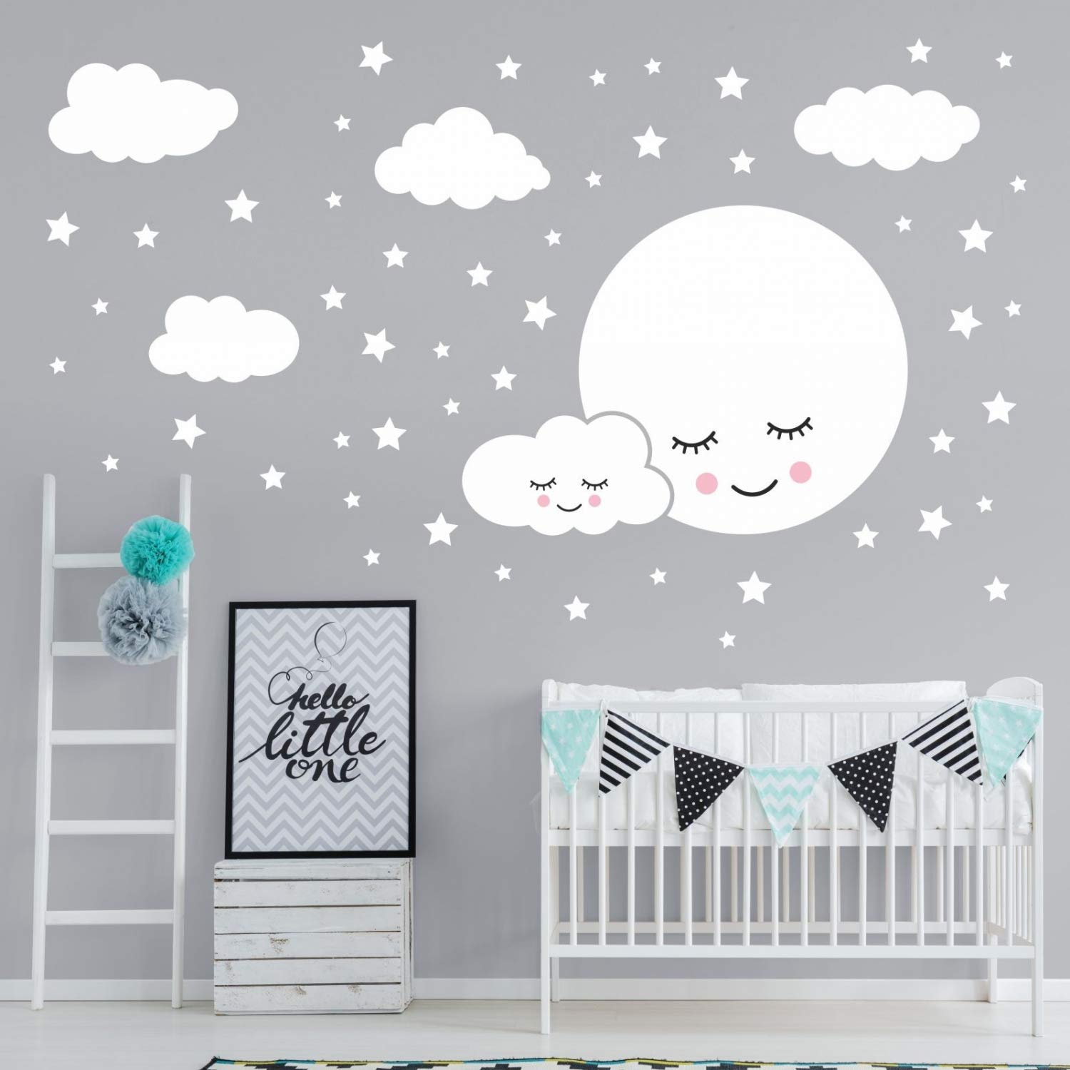 nikima Schönes für Kinder 162 adesivi da parete con luna piena con nuvole e stelle, in 6 misure, per cameretta dei bambini, decorazione da parete per bambini, dimensioni 1500 x 840 mm