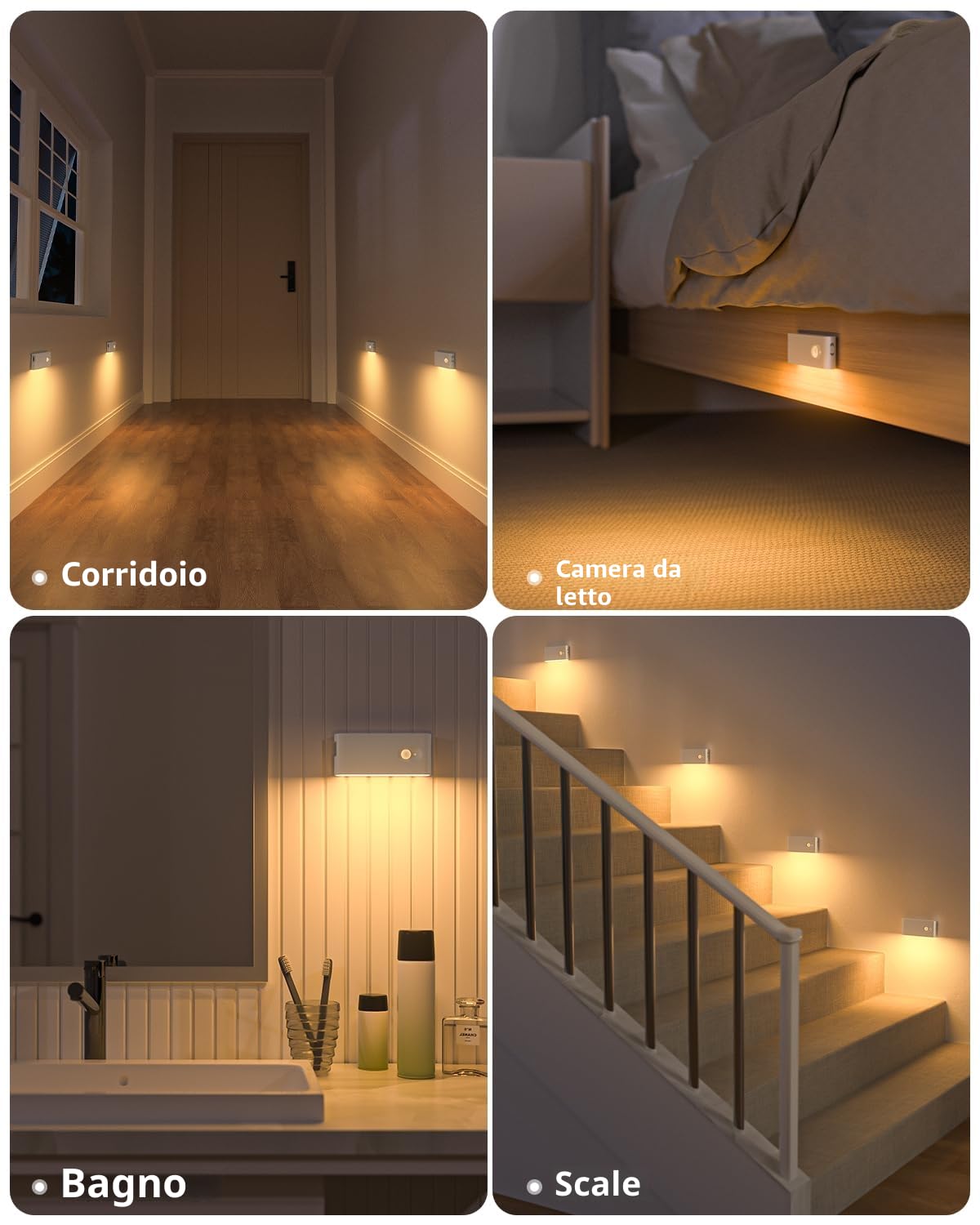 WILLED Luce con Sensore di Movimento da Interno, Caricabile USB Luce Notturna Bambini con 3 Modalità (Auto/ON/OFF), per Armadietto, Scale, Cucina, Corridoi, Camera e Bagno, 6 Pezzi