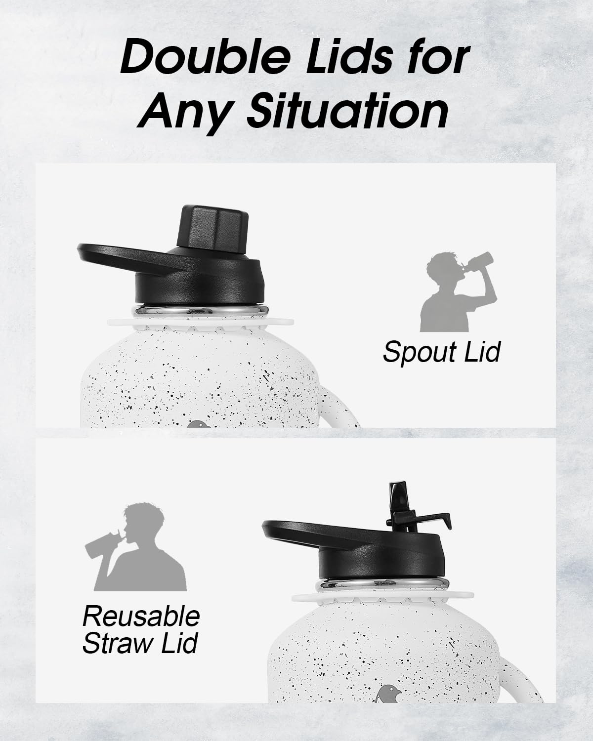 Coolflask Botella de agua de medio galón con popote, jarra de agua aislada de acero inoxidable de 64 onzas con asa de metal de doble pared al vacío termo grande con correa a prueba de fugas, mantiene