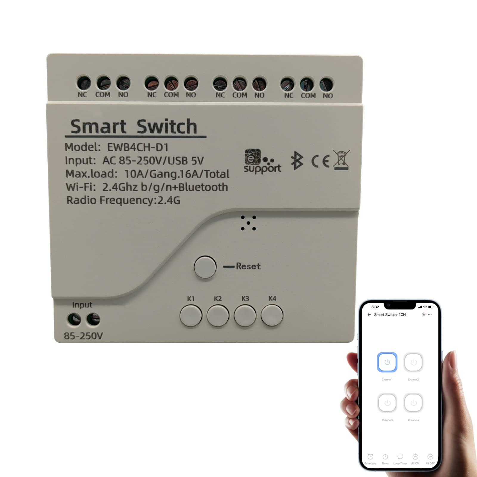 Modulo interruttore relè Smart WiFi a 4 canali USB 5V/AC85V-250V, supporto controllo Bluetooth, telecomando app eWeLink, per Alexa Google Home