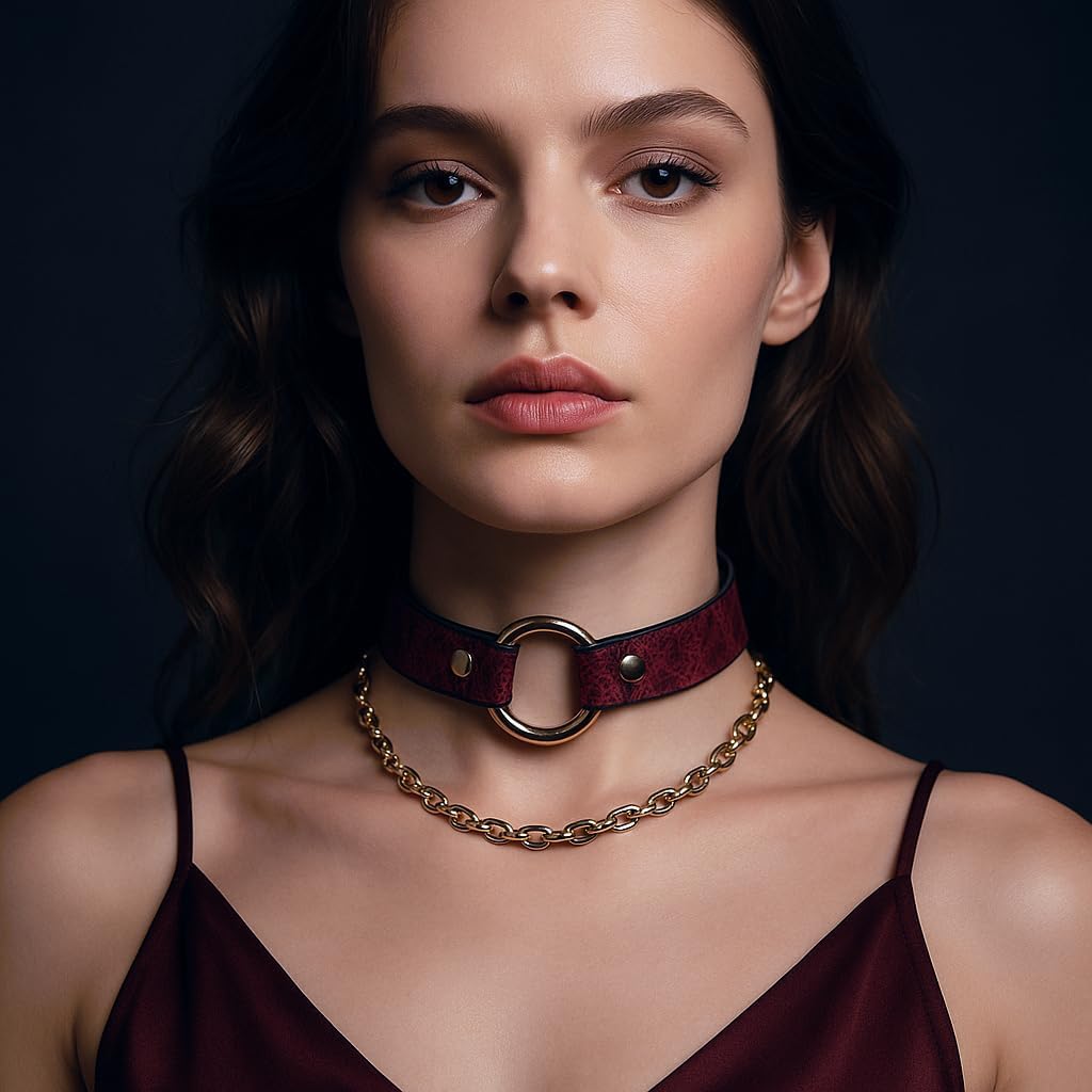 Red Snakeskin Leather Choker Necklace with Gold Chain – Gothic Punk Adjustable Women’s Collar - Image 2