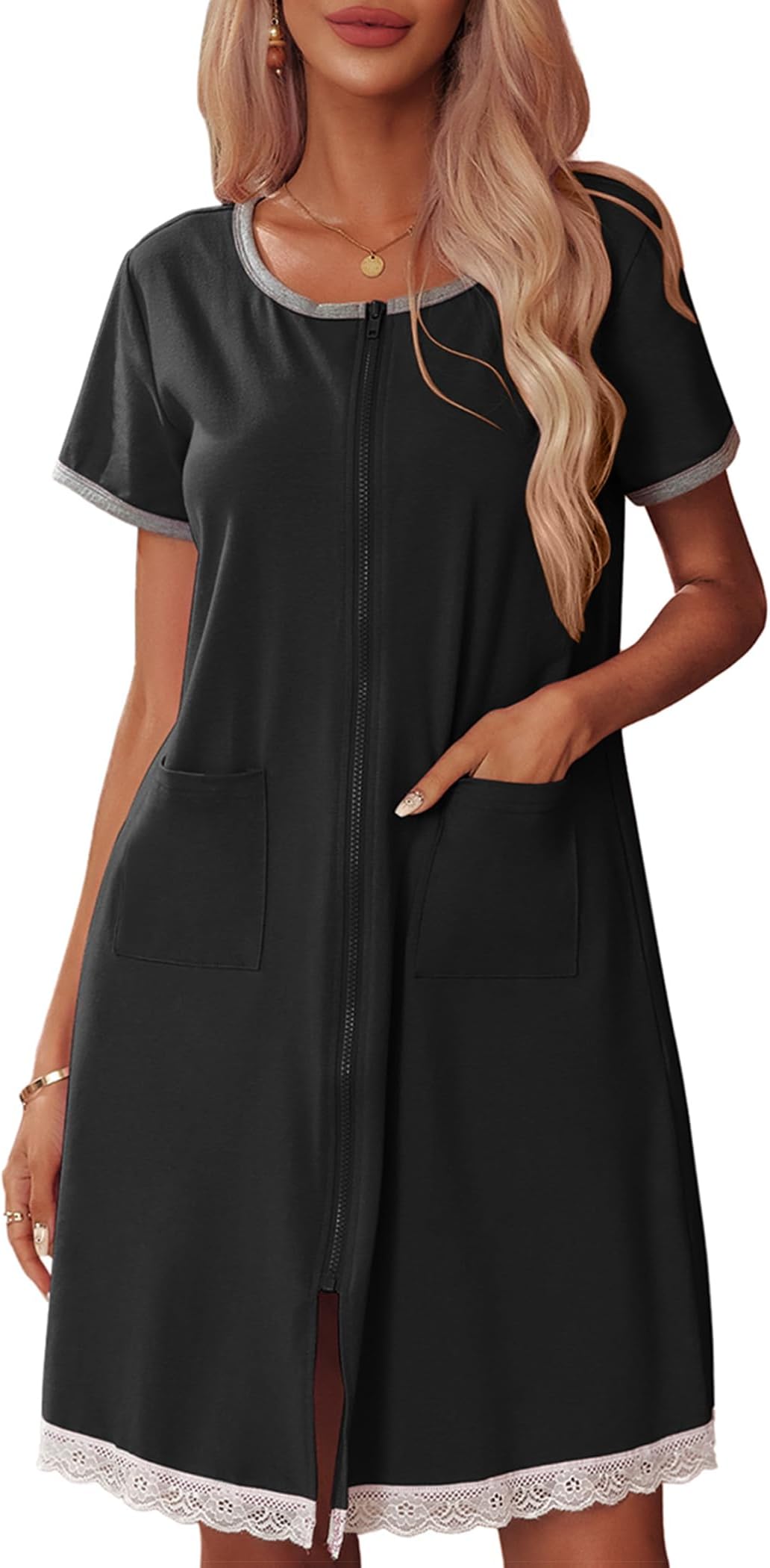 Womens Zipper Front Housecoats Short Sleeve Bathrobes Lace Trim Nightgown with Pockets