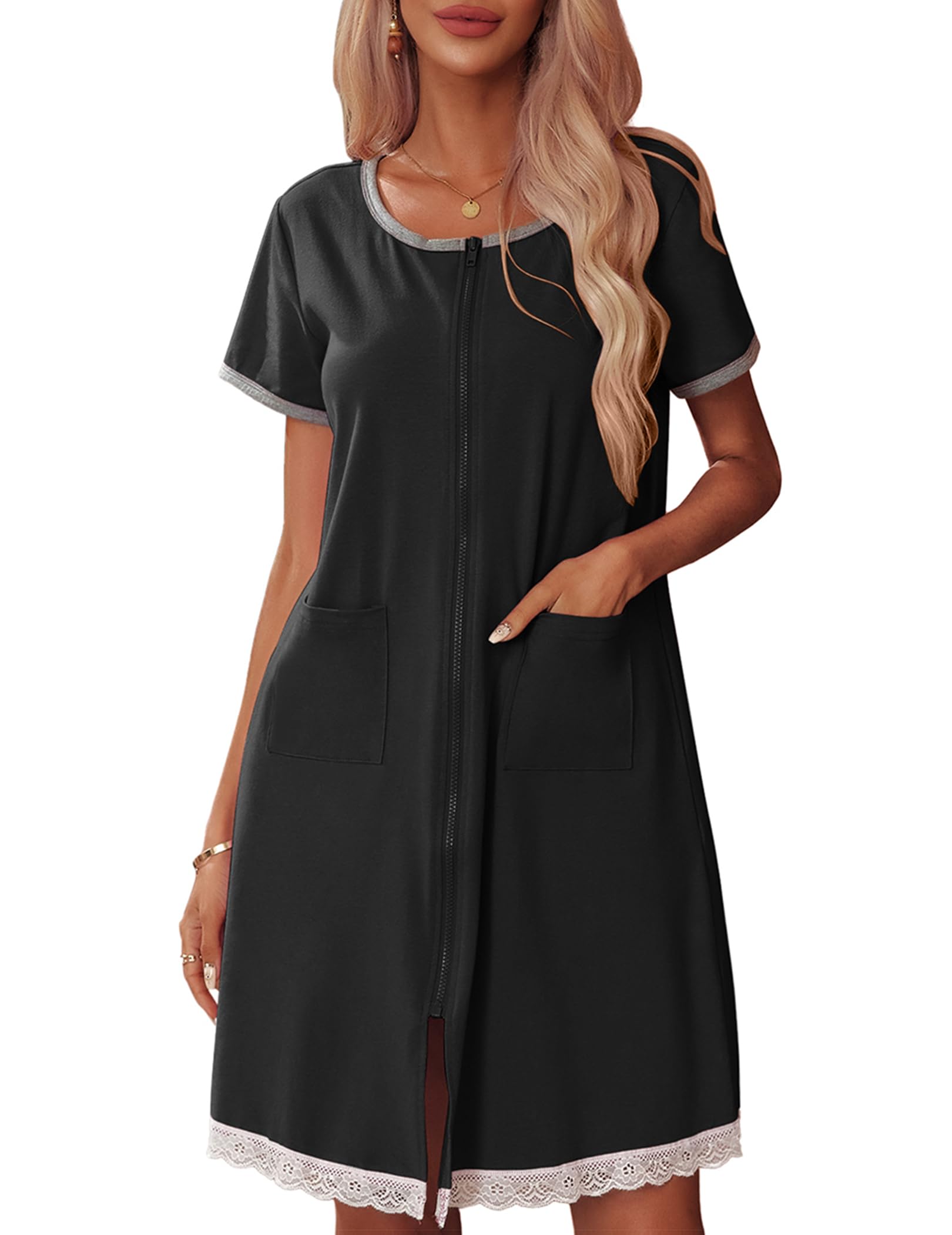 EkouaerWomens Zipper Front Housecoats Short Sleeve Bathrobes Lace Trim Nightgown with Pockets