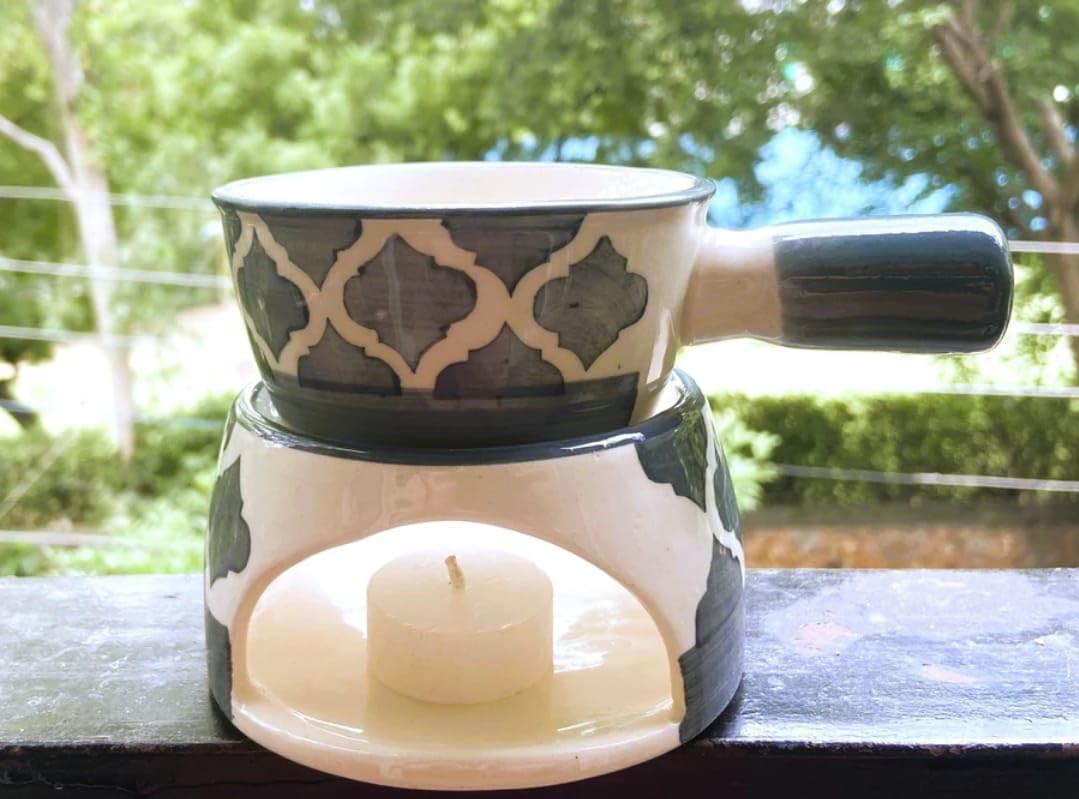 YOUR LOCAL STORE Ceramic Fondue Pot Set Premium Tea Light Melting Oil Burne Pot for Cheese Chocolate with 1 Tealight Candle (Grey)-image-2
