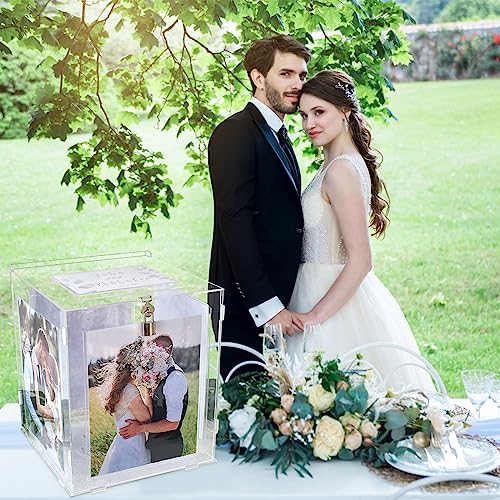 CYAOOI Acrylic Wedding Card Box with Picture Frame, Clear Gift Card Box for Wedding Reception, Large Rotatable Money Envelope Card Box Holder with Lock for Graduation Party Birthday Baby Shower