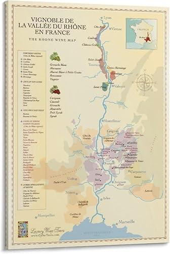 BETSON Póster de Francia, mapa del valle del Ródano septentrional, mapa de regiones vinícolas, póster en lienzo para decoración de pared, pintura