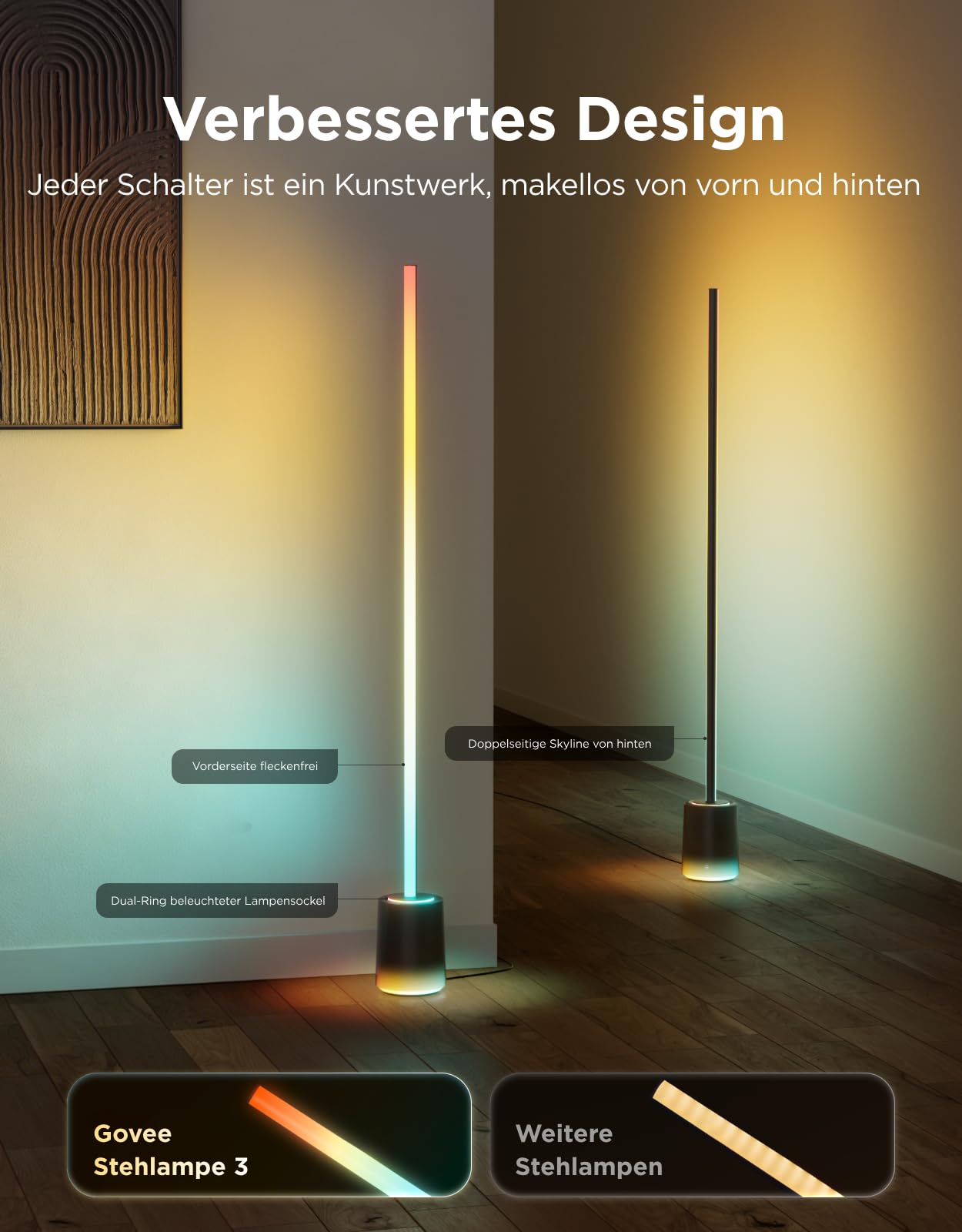 Govee Stehlampe 3 mit LuminBlend+ Technologie, Dimmbar RGBWWIC 2100lm Standleuchte, kompatibel mit Matter, 1000–10000K
