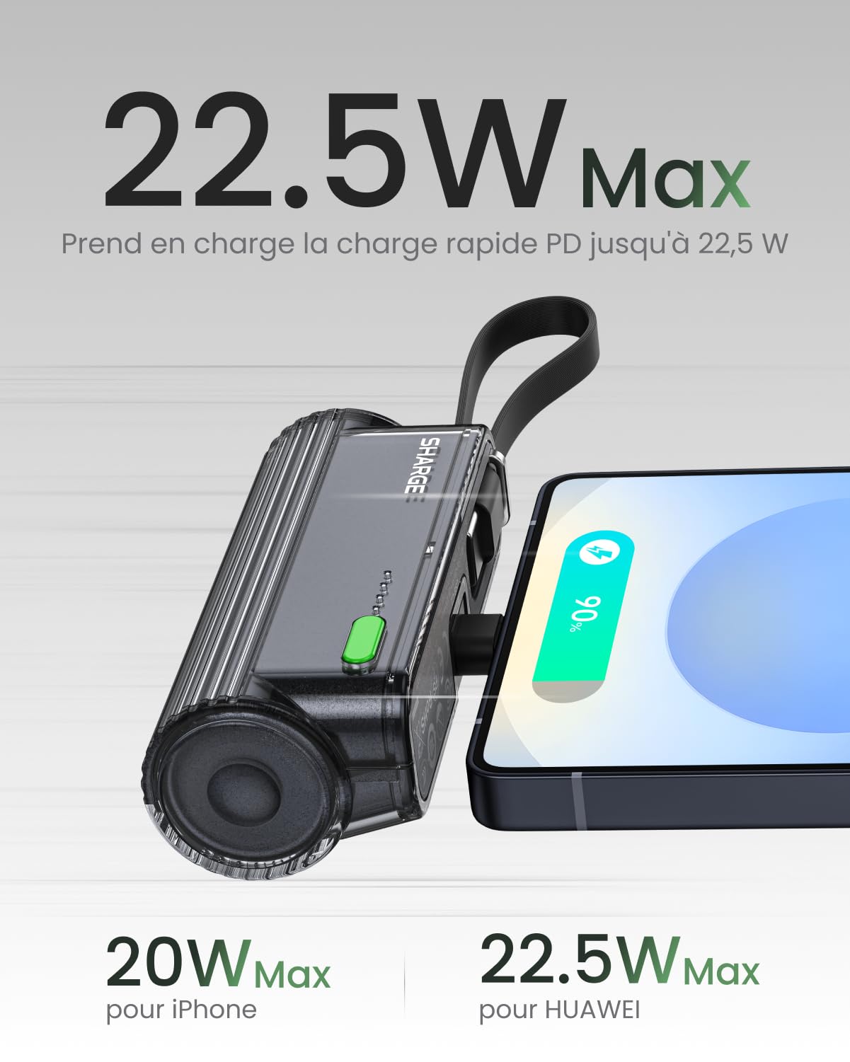 SHARGE Flow Mini 2.5000mAh Mini batteria esterna 22.5W PD USB C Power Bank | Batteria esterna compatta da 22,5 W con cavo USB-C integrato, ricarica rapida, doppia uscita e design ideale per i viaggi.