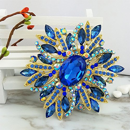 Image of SELOVO 3.5 inch Huge Big Large Brooch Pendant Scarf Hats Decoration Blue Flower Pin Gold Tone