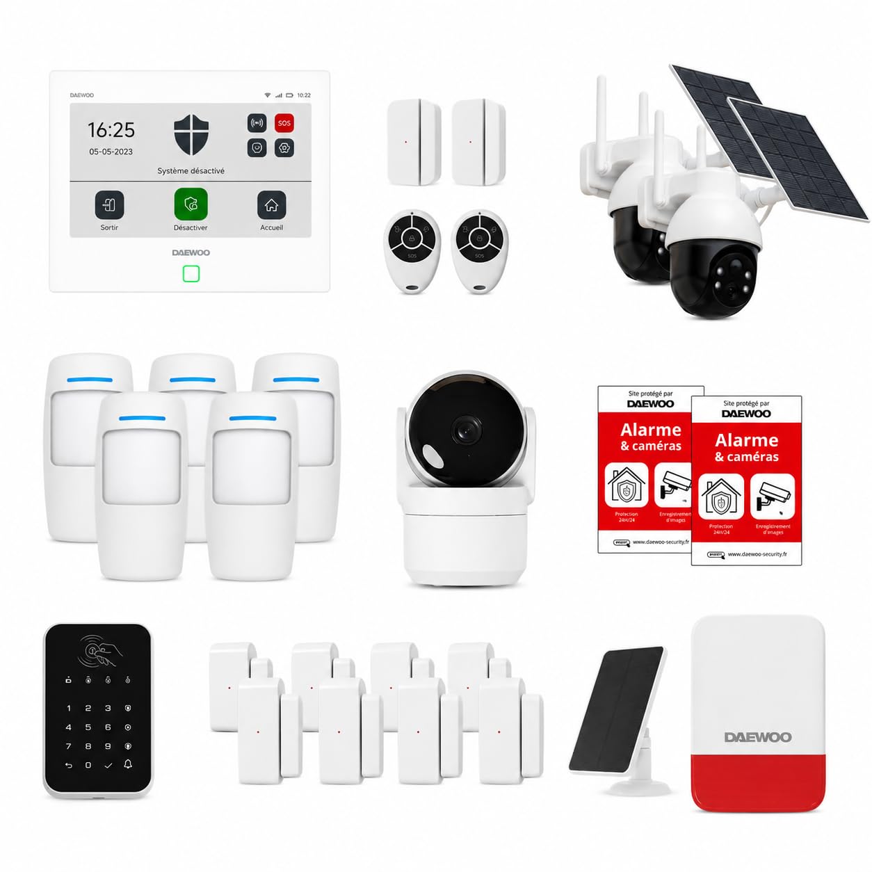 Daewoo Security Pack Alarme Maison sans Fil AM505L – Centrale Touch XL Wi-FI & GSM, 3 Caméras HD 1080p, 8 Détecteurs d'Ouverture, 5 Détecteurs de Mouvement, Sirène Solaire, App Daewoo Home Connect