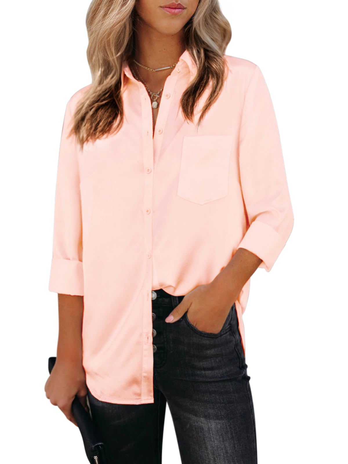 Aoudery Womens Button Down Shirts Dress Shirts Long Sleeve Collared Blouses V Neck Work Office Tunic Chiffon Tops