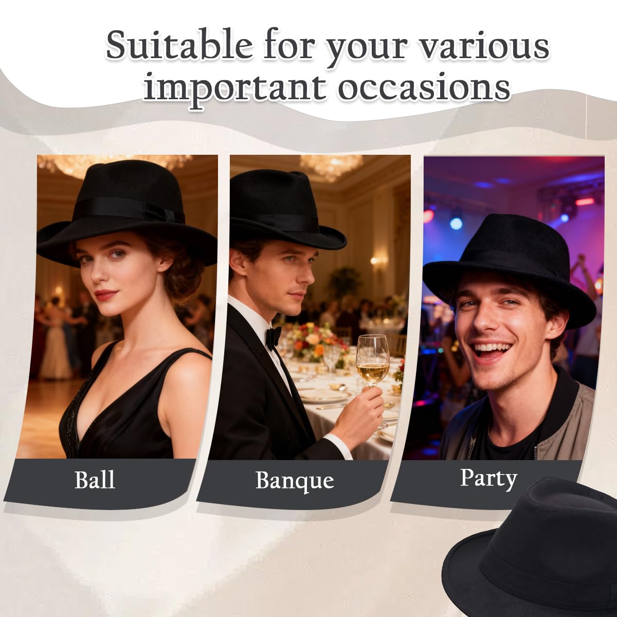 Happyupcity - Sombrero negro estructurado para hombre tipo Gangster Trilby Fedora Jazz, estilo Floppy Panama Gentleman, sombrero plano