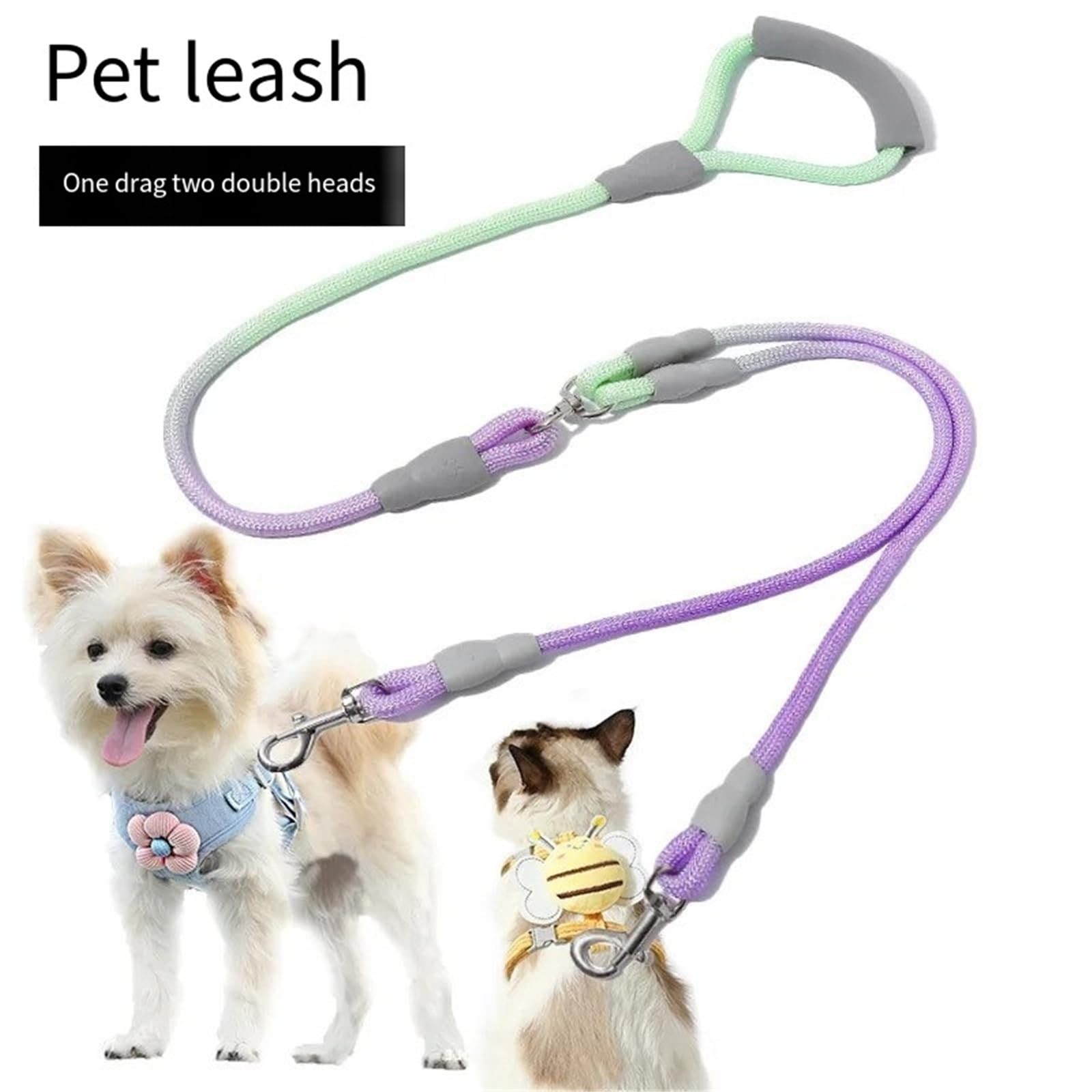 Guinzaglio per cani a doppia testa anti-impigliamento con due guinzagli per animali domestici di colore sfumato (giallo, 1,2 cm, 0,8 m, 1 cm, 0,6 m)