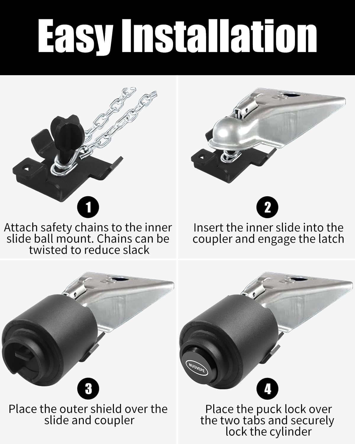 Trailer Lock Fits 2 Inch Couplers, Secures Safety Chains Anti-Theft Ball Hitch Lock, Pry-Resistant & Heavy-Duty Trailer Hitch Locks for RV | Boat | ATV | Utility Trailer (Black)