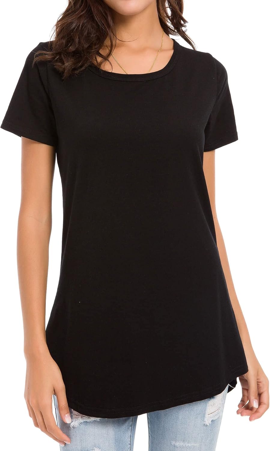 Women's Cotton Fitted Long Length T Shirts Short Sleeve Basic Comfy Tunic Tee Tops - Image 3