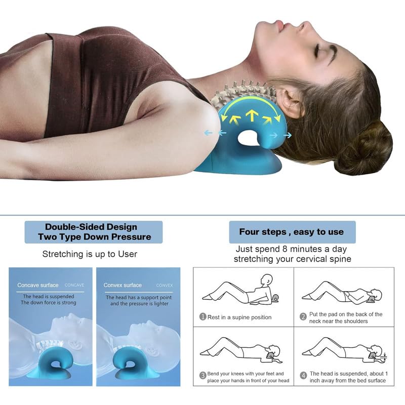 Image of Neck and Shoulder Relaxer, Cervical Traction Device for Pain Relief and Cervical Spine Alignment |Neck Stretcher Chiropractic Pillow Pain Relief Pillow (Blue, Women)