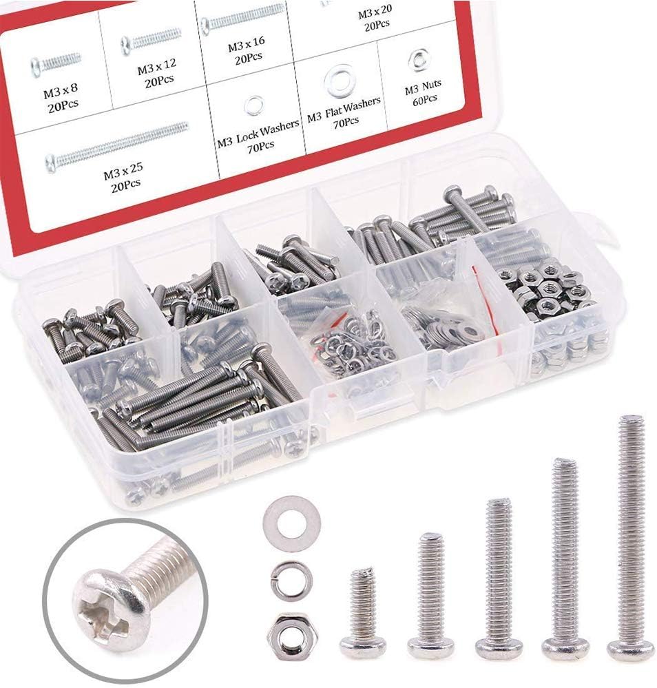 Hilitchi 300-Piece M3 Phillips Pan Head Screws, Bolt Nut Lock Flat Washers Kit, 304 Stainless Steel