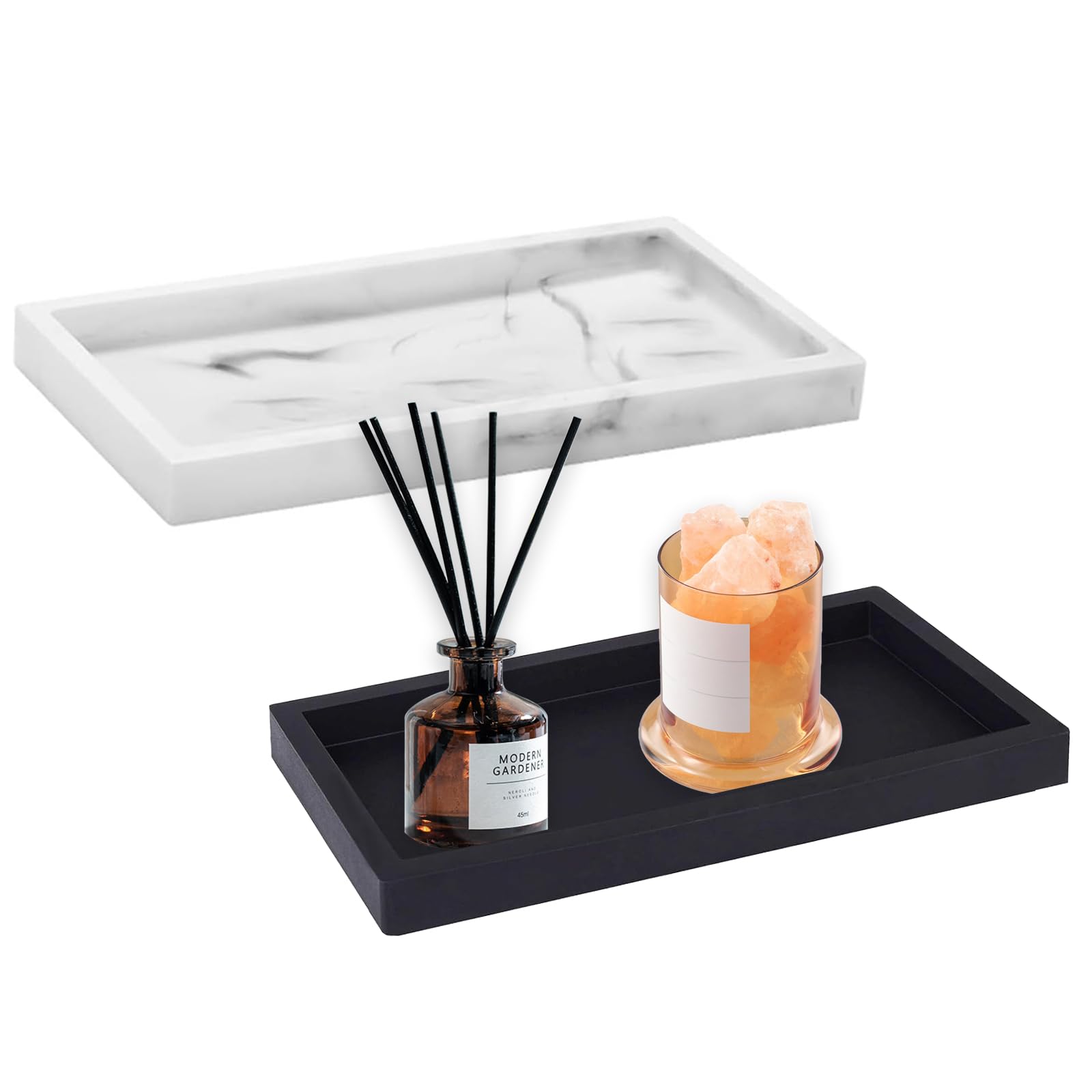 Sxtdkmj Black, White Bathroom Tray, 2 Pack Vanity Tray Silicone Trays For Cosmetics Rectangular Bathroom Decorative Trays Organiser For Candles Jewelery Kitchen Decor (Black + White)