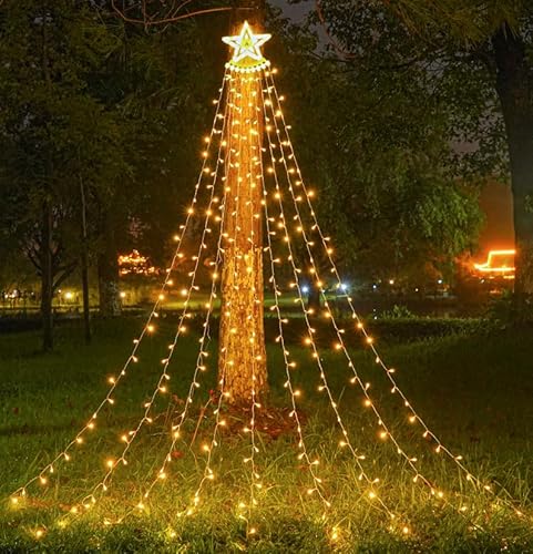 Dekorative Sternen-Lichterkette für den Außenbereich, 349 LED Weihnachtsbeleuchtung mit 8 Modi, wasserdicht, mit einem 27,9 cm großen Wasserfall-Stern, geeignet für Halloween, Weihnachten (Warmweiß)