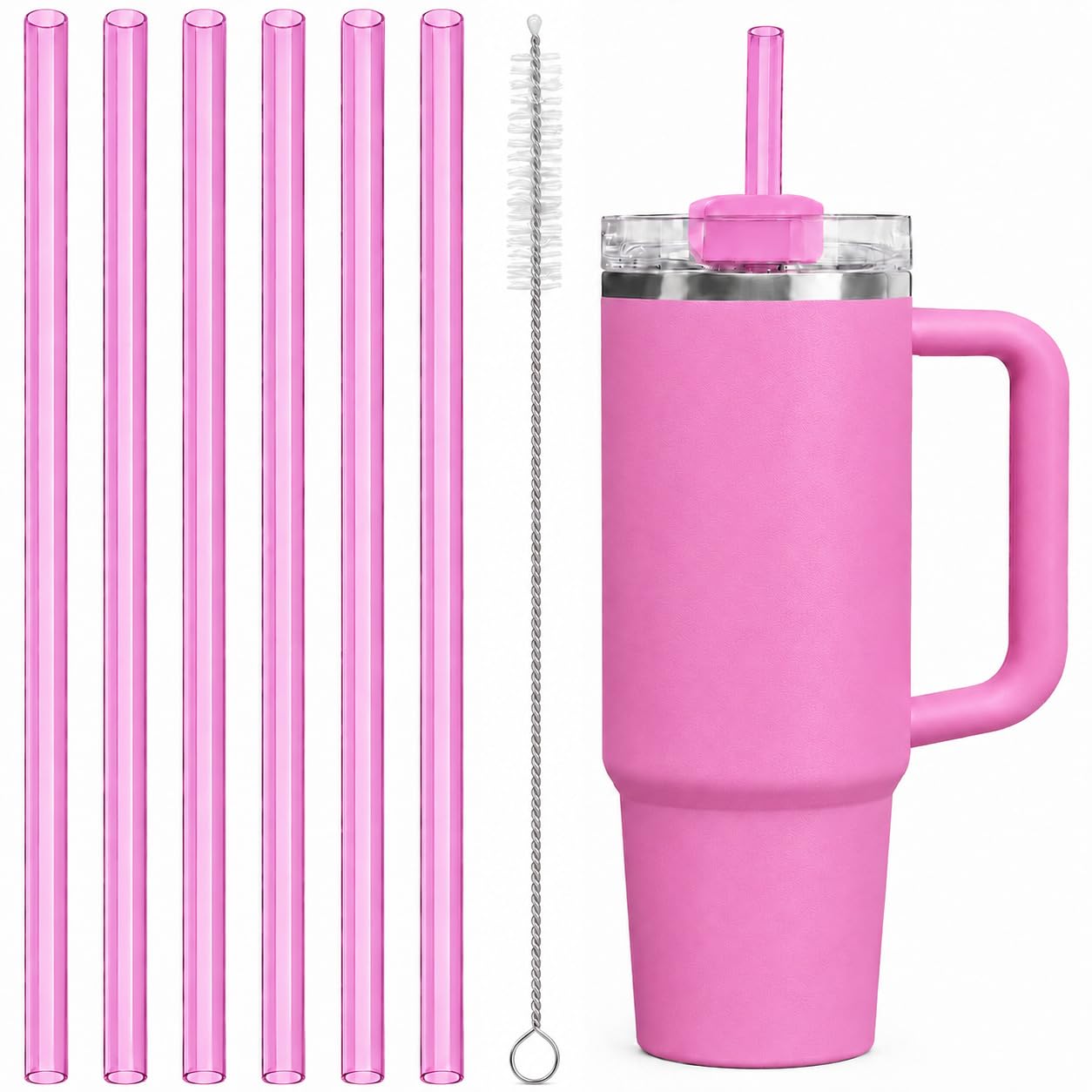 Replacement Straws Compatible with 30 oz Stanley Quencher Tumbler, 10.5 Inch Clear Reusable Straws, Drinking Cup Accessories, Dark Pink-6 Pack