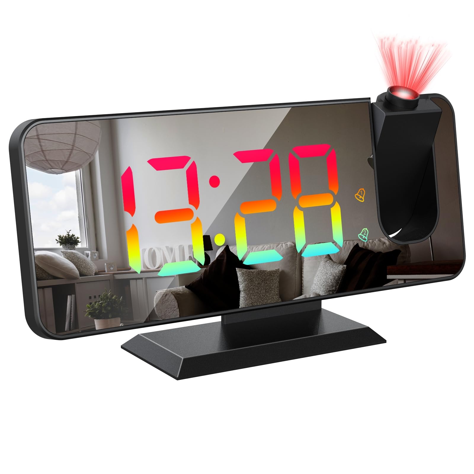 Morelian Digital 180°Projection Alarm Clock with Dynamic RGB Light Brightness Adjustable Snooze Dual Alarm Setting USB Port Mirror Clock for Bedroom 12H/24H