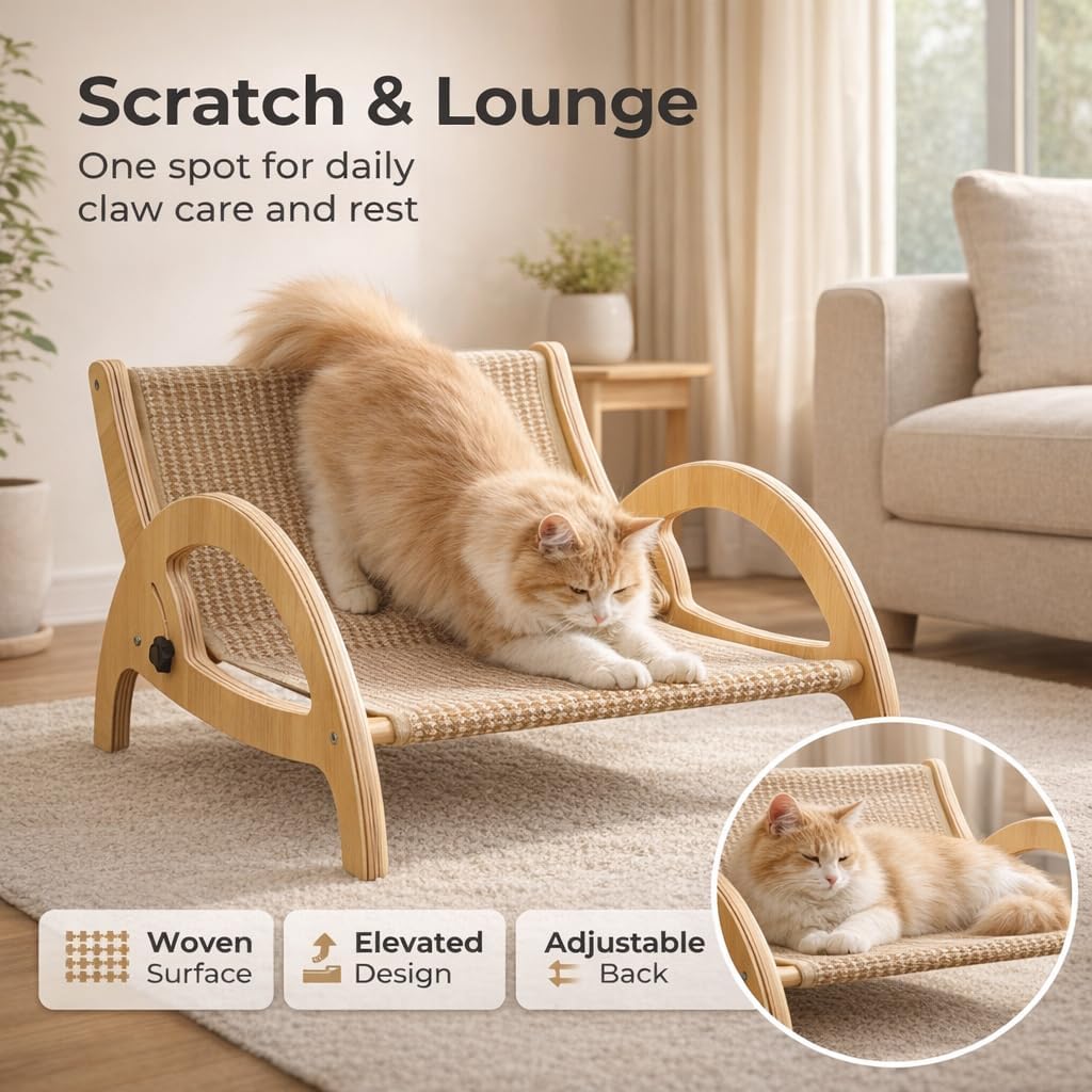 Adjustable Sisal Cat Scratcher Lounge Chair, Wooden Reclining Lounger Bed with Elevated Scratch-and-Rest Design for Indoor Cats, Natural Finish