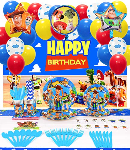 Margelife Toy Game Story Birthday Party Supplies Decorations Set for Kids- Serve 10 Guests, Party Packs Cutlery Bag Includes Flatwares, Backdrop, Balloon for Boys Girls Christmas Classroom Carnival