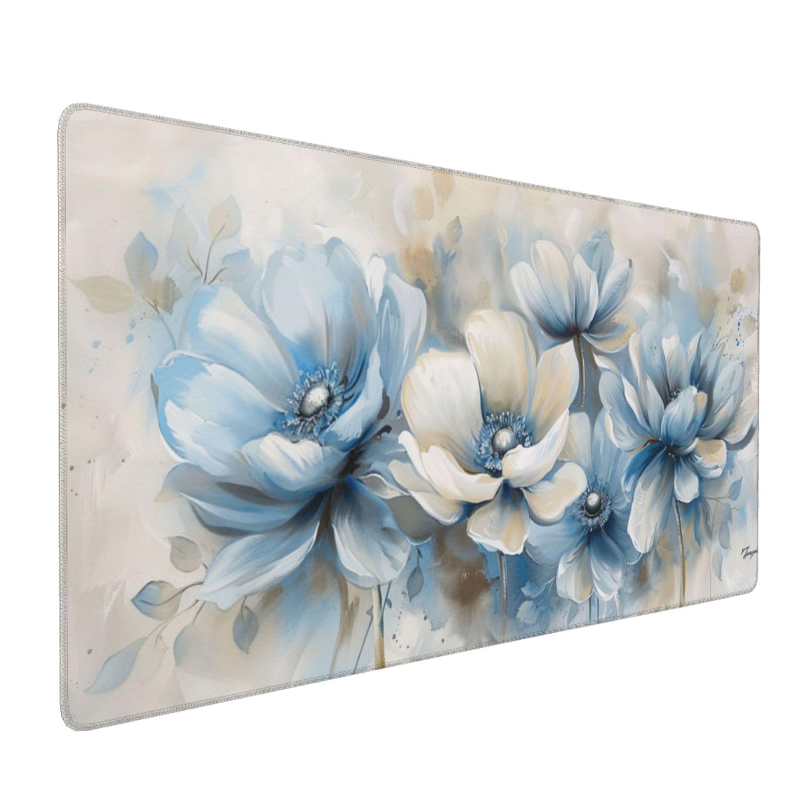Tappetino Mouse XXL Fiore & Blu, 100 x 50 cm Tappetino da Scrivania G496 | Tappetino per Mouse, Base in Gomma Antiscivolo, Superficie Impermeabile, Bordi Cuciti, Tappetino Scrivania per Ufficio, Gioco