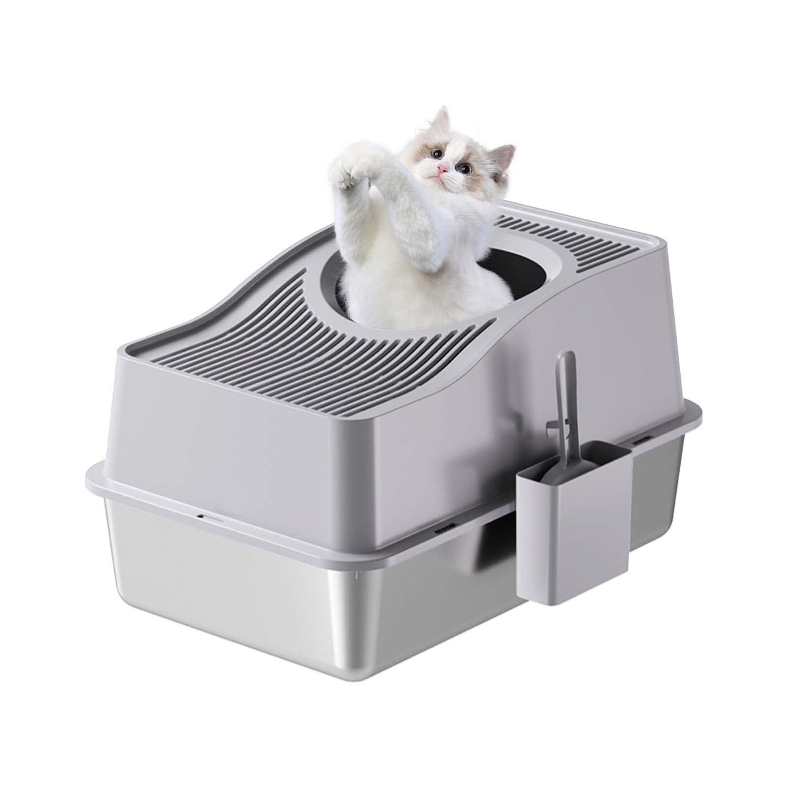 Aptliton Stainless Steel Top Entry Cat Litter Tray with Litter Scoop, 60×40×35cm Large Enclosed Kitty Litter Box Anti-Splashing Odor Control Easy to Clean for Indoor Cats Kittens Big Fat Cats,Grey