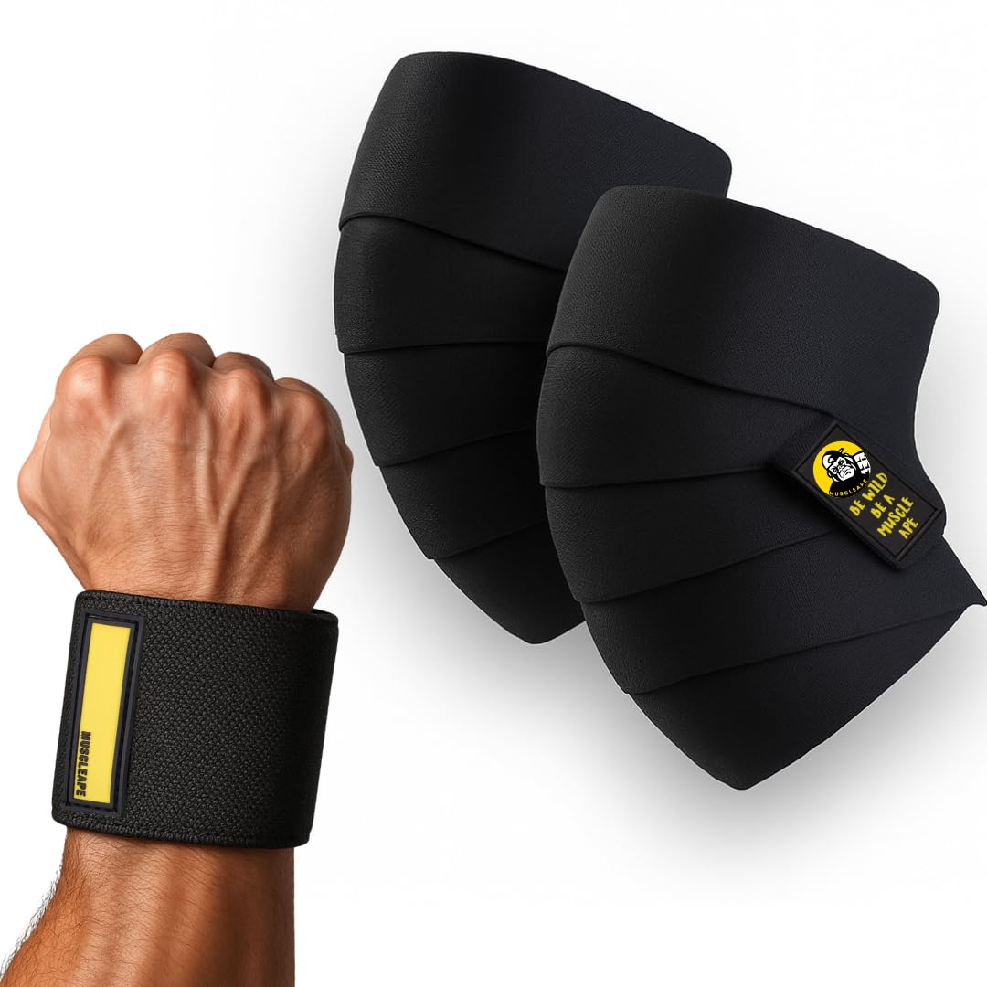 knee wraps with 32 inches wrist wraps | superfabric support straps for squats, leg press & powerlifting| adjustable compression for men & women | heavy duty gym knee support for superb workouts.