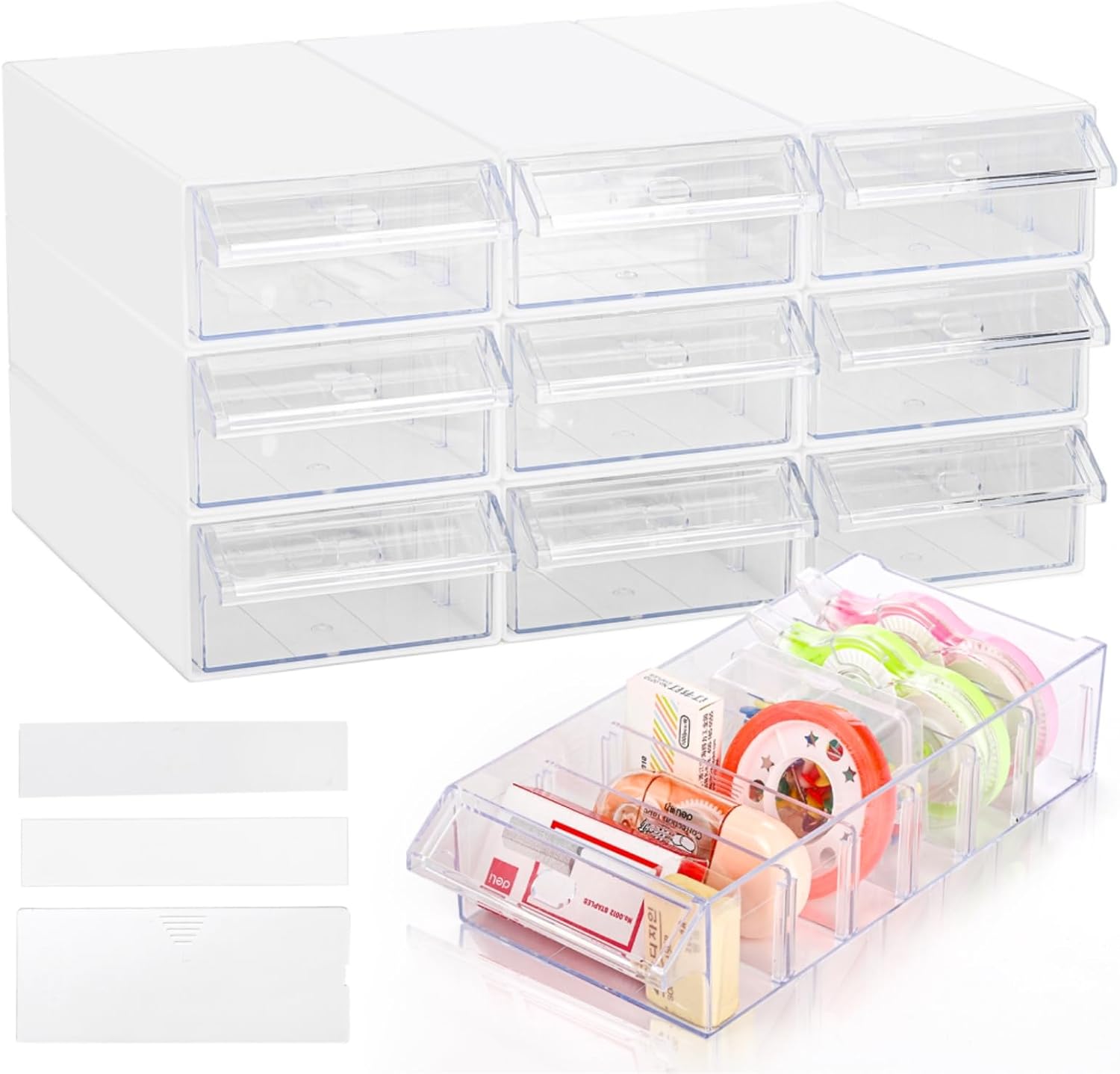 Goaste 9 Pack Drawer Stacking Storage Cabinet, Plastic Desktop Drawer Closet, Small Parts Hardware Craft Organizer Container with 21 PCS Clear Dividers, 11 PCS Tag Cards for Mini Figure Jewelry Bead