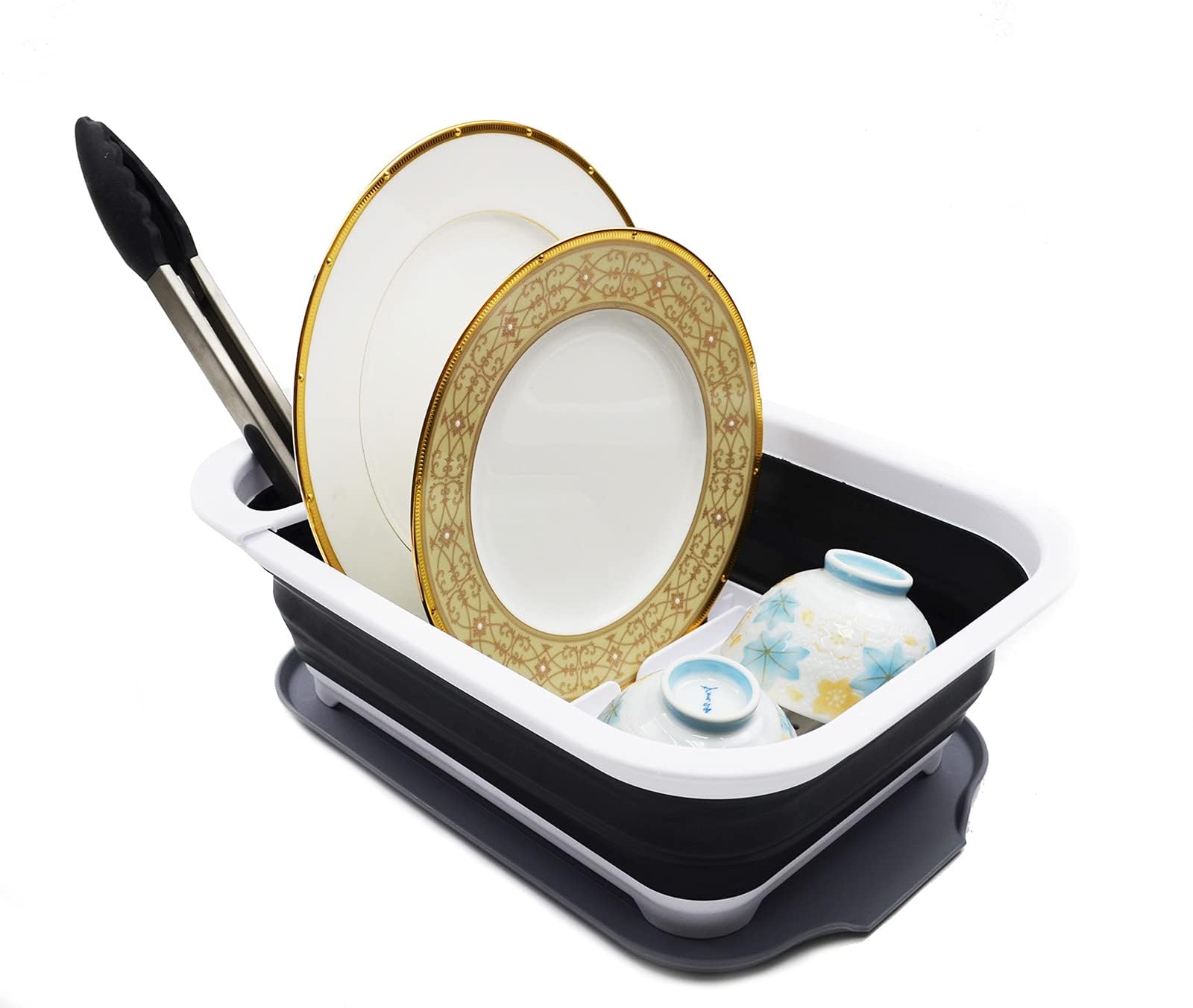 SAMMART Collapsible Plastic Dish Drainer with Drainer Board - Foldable Drying Rack Set - Portable Dinnerware Organizer - Space Saving Kitchen Storage Tray (1, White/Black)