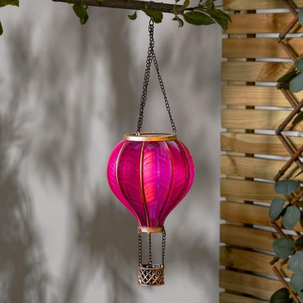 62cm XL Solar Power Rainbow Stain Cool Fiesta Realistic Flame Outdoor Hanging SMD LED Hot Air Balloon Lantern - Multicoloured Glass Effect Flaming Garden Light with Handle