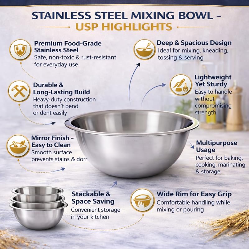 Image of KMW Stainless Steel Mixing Bowl Regular 5 Qt (4.75 litres) | with Comfortable Grip | Stainless Steel Build (Set of 2 Bowls)