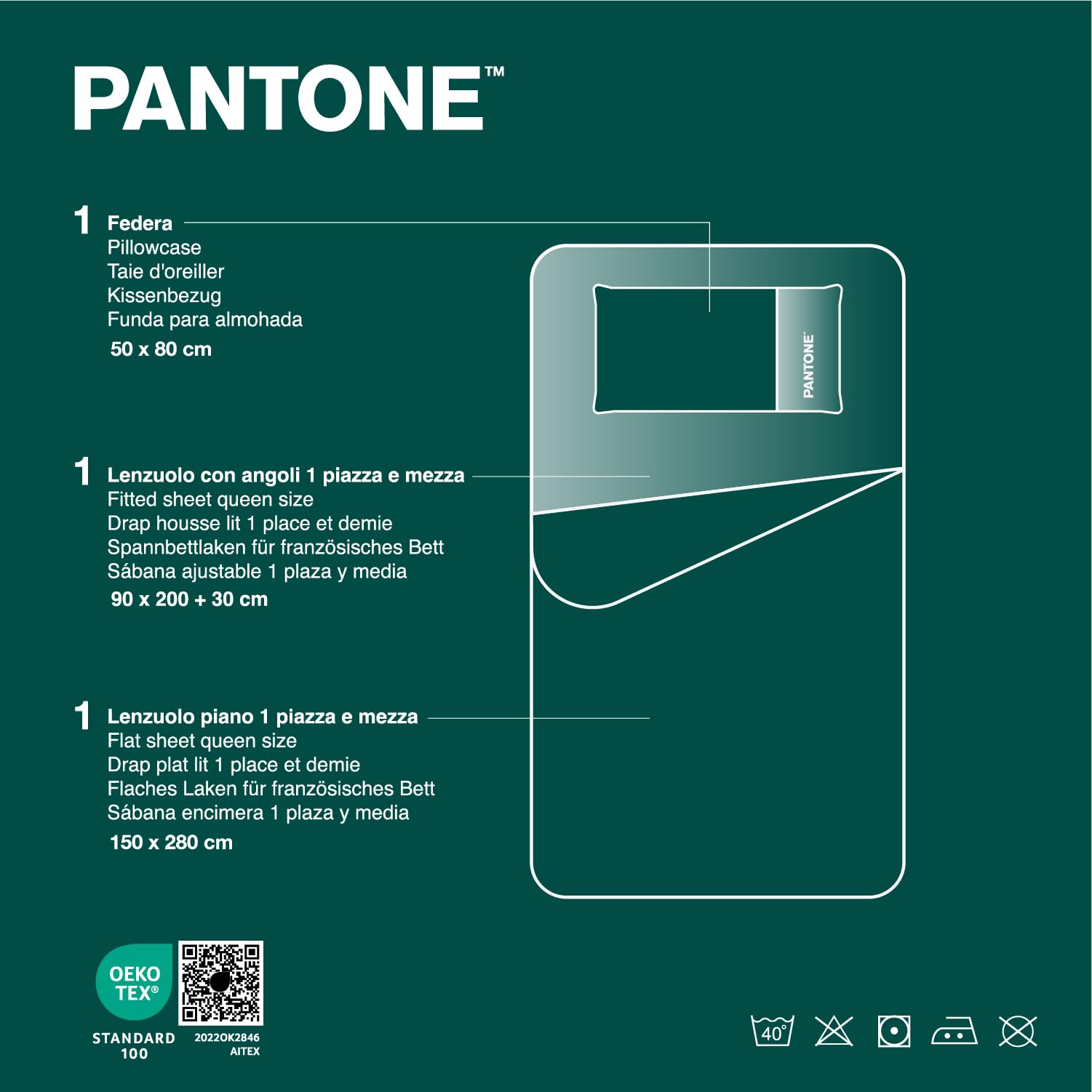 PANTONE™ - komplet pościeli, z prześcieradłem na łóżko queen size 180 x 280 cm + prześcieradło z gumką pod materacem 130 x 200 cm z gumkami do materaca o wysokości do 30 cm + 1 poszewka na poduszkę 50