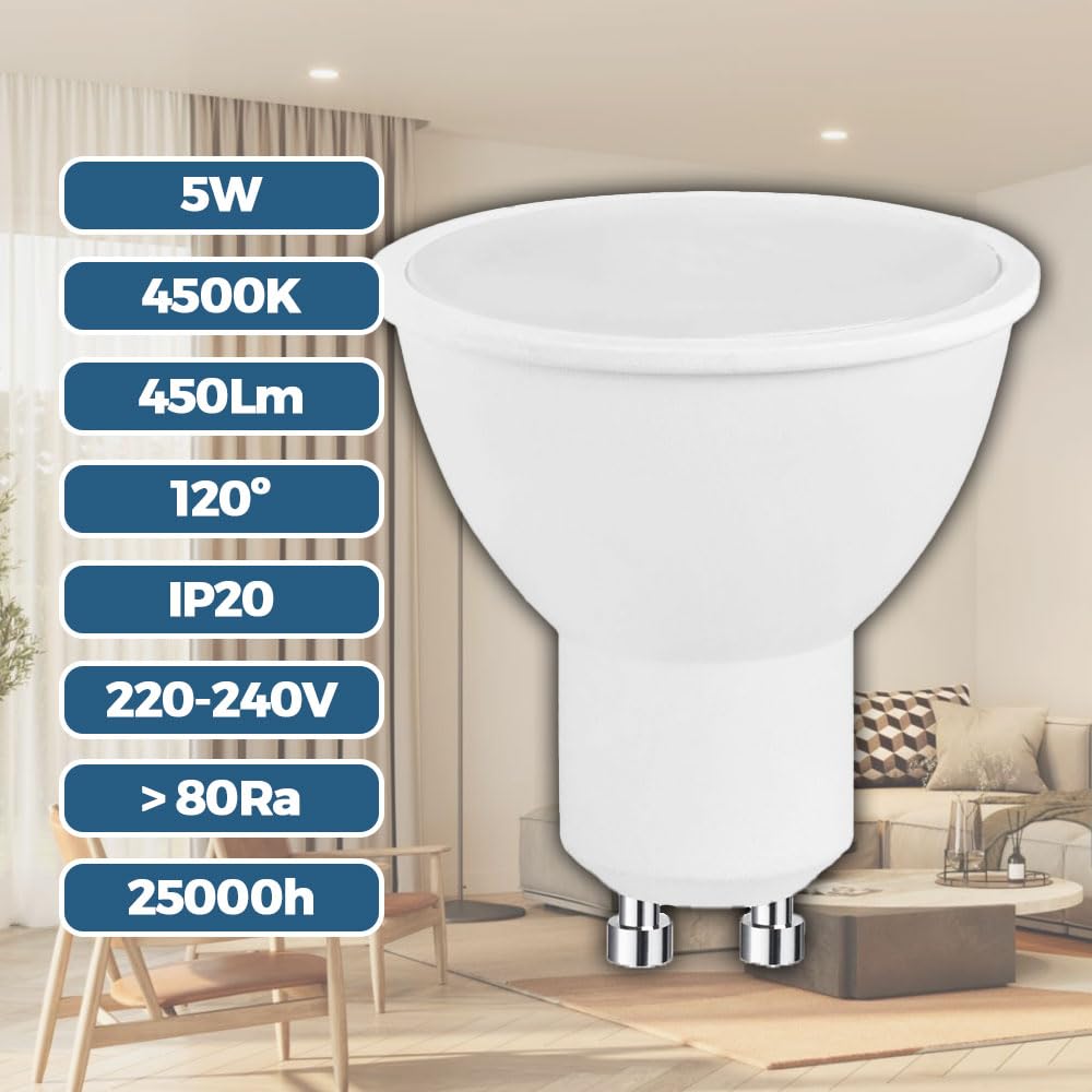 Lot De 20 Ampoules LED GU10 5W - Équivalent 50W, 4000K Blanc Neutre, 450lm